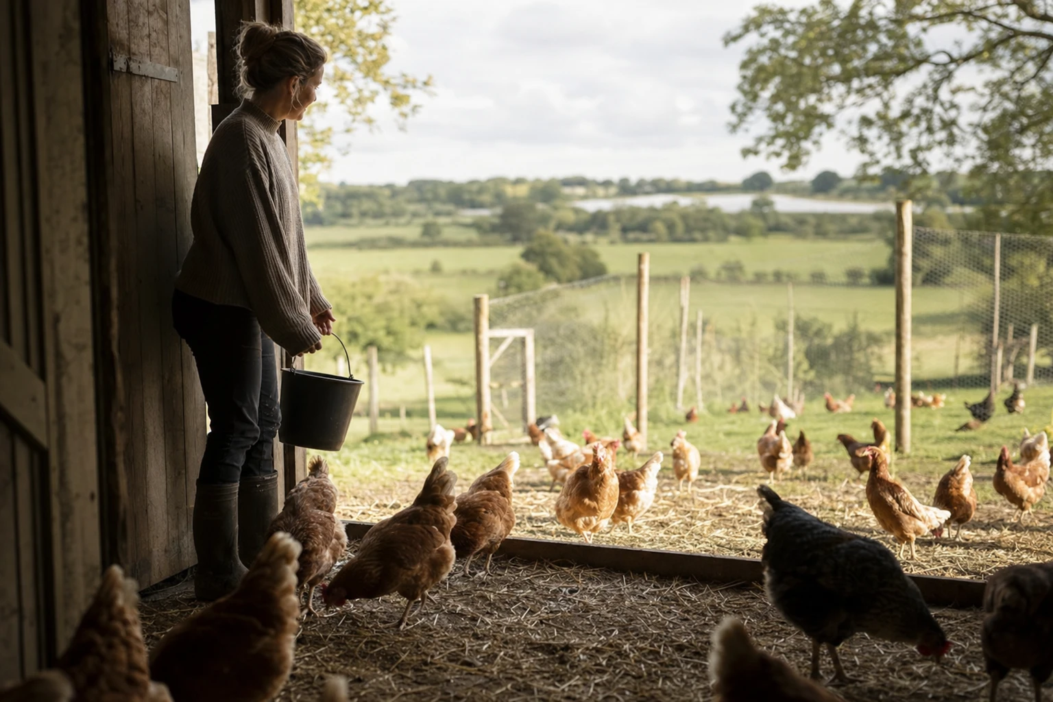 A chicken barn or poultry facility with outdoor access visible