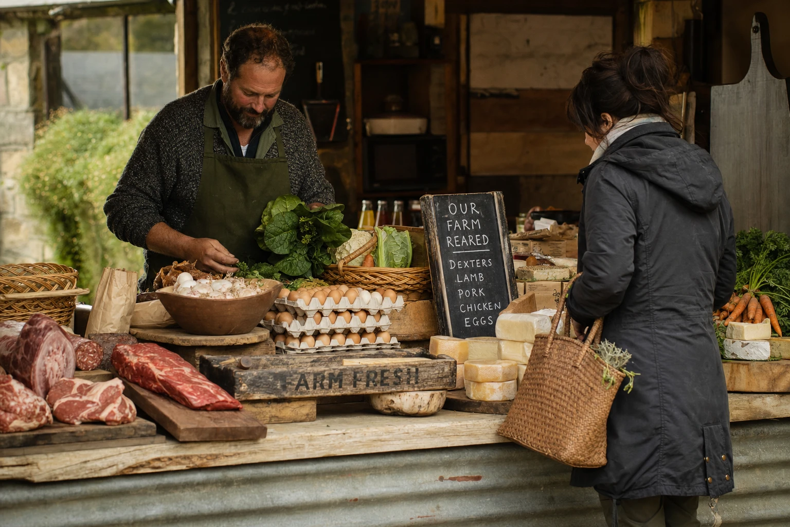 A farmer in a field, or a farm shop counter, or local sourcing setting