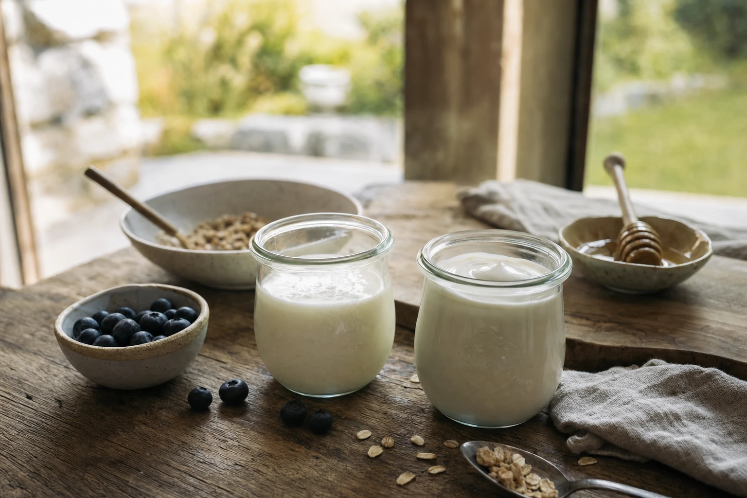Side-by-side jars of regular yoghurt (simple ingredients) and 'no added sugar' yoghurt (complex ingredient list) with labels…