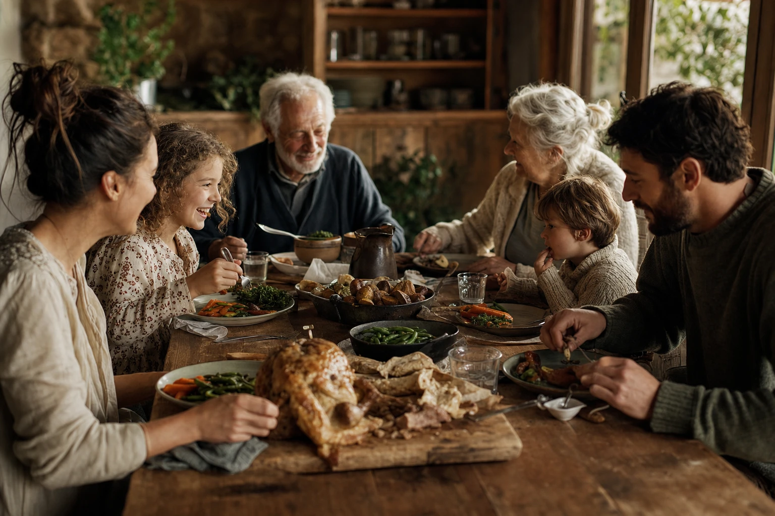 Multi-generational family eating together at a table