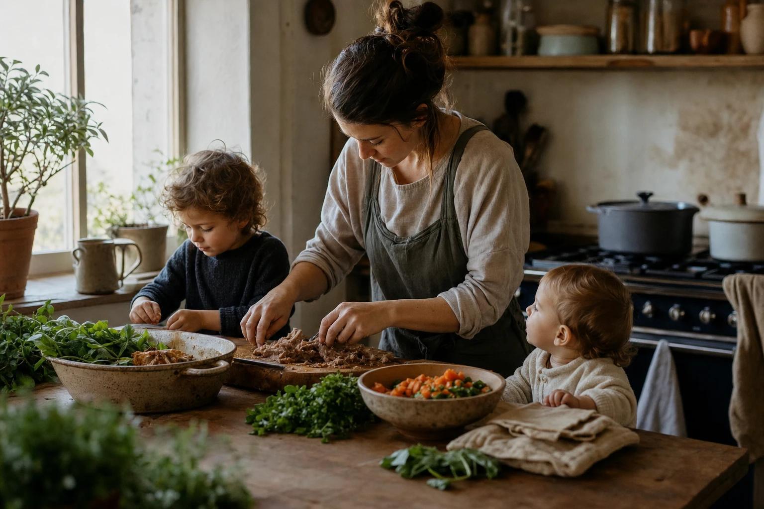 Busy parent preparing food efficiently in the kitchen