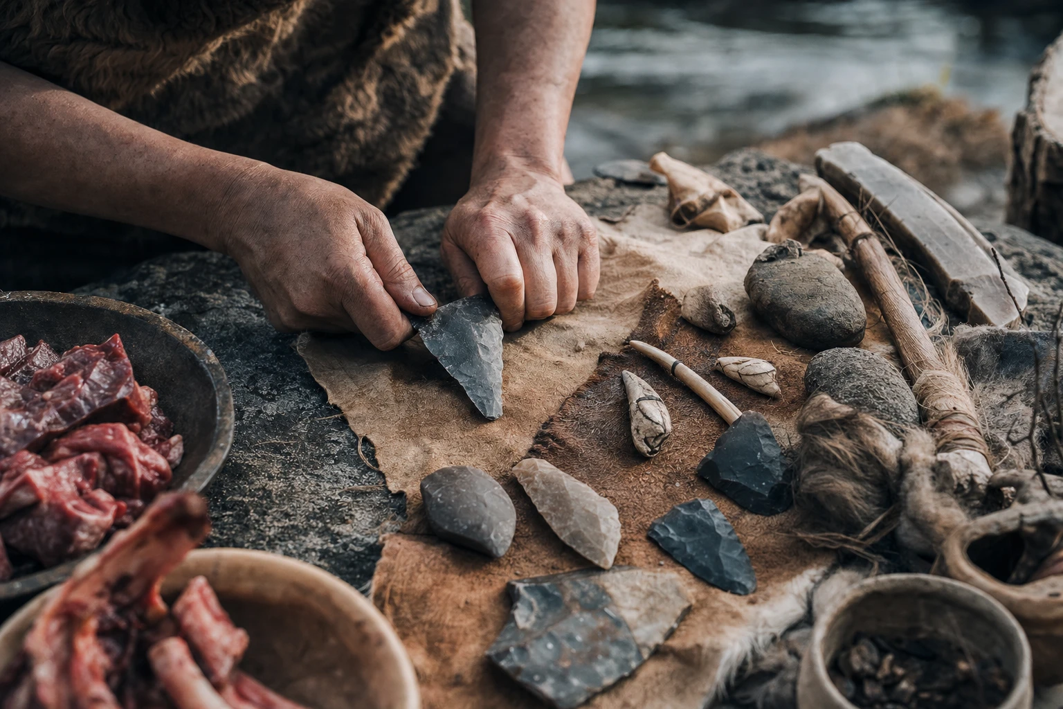 Archaeological evidence of ancient hunting and food preparation tools