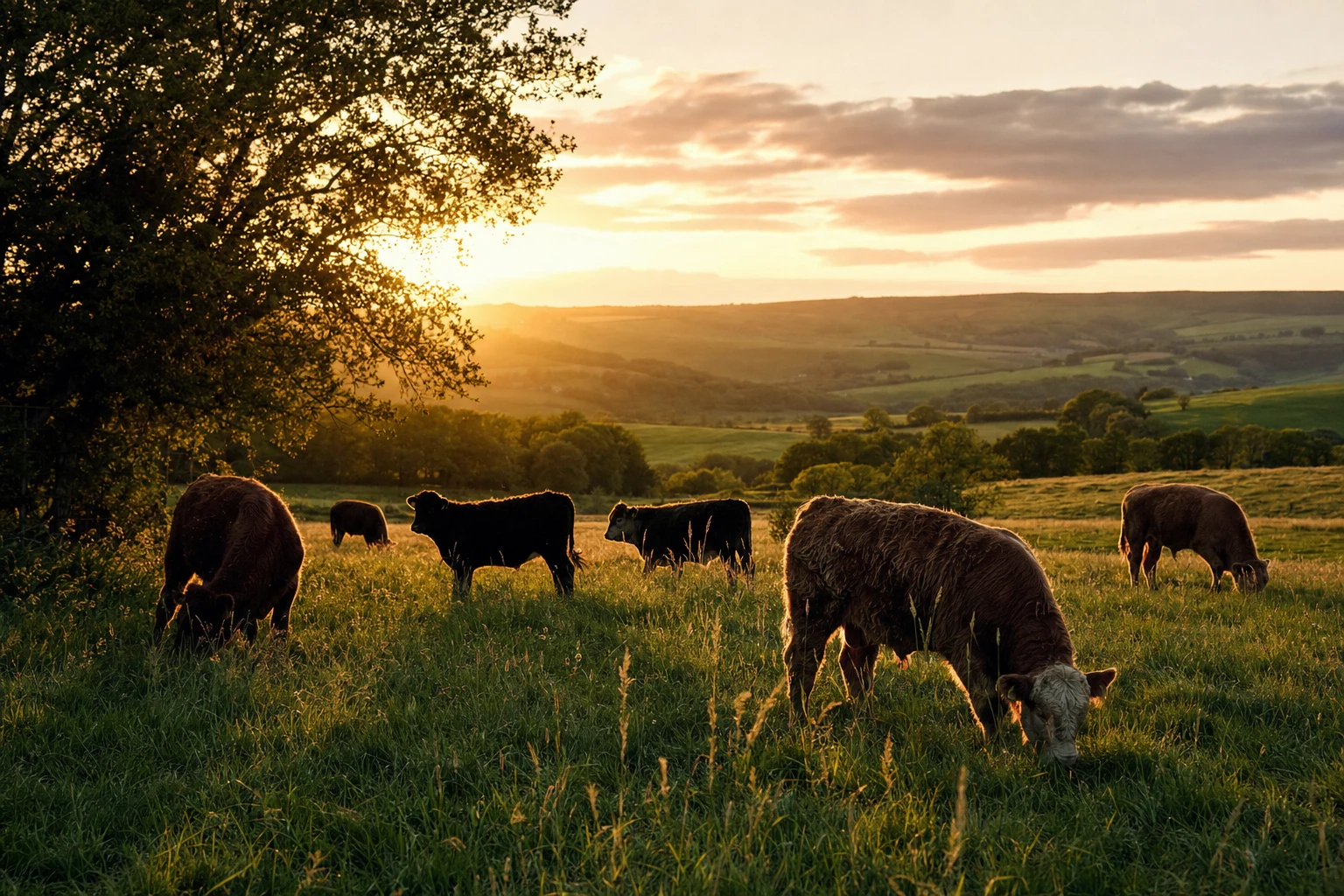 A pastoral landscape with cattle grazing at sunset