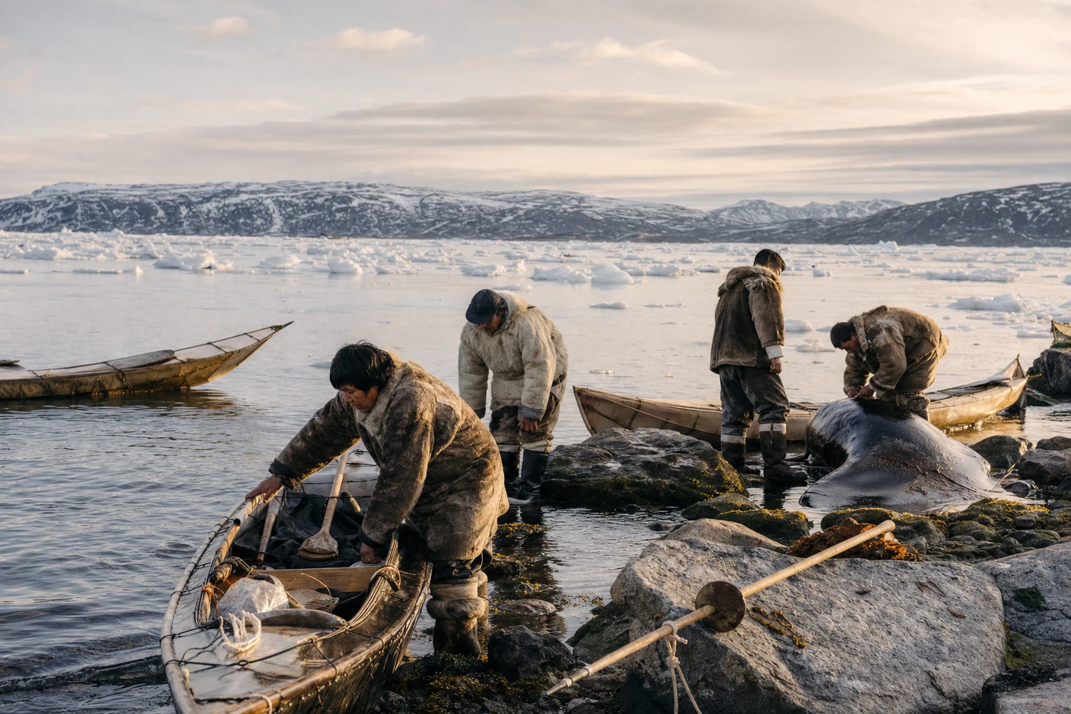 Traditional Inuit hunting scene with boats and sea mammals