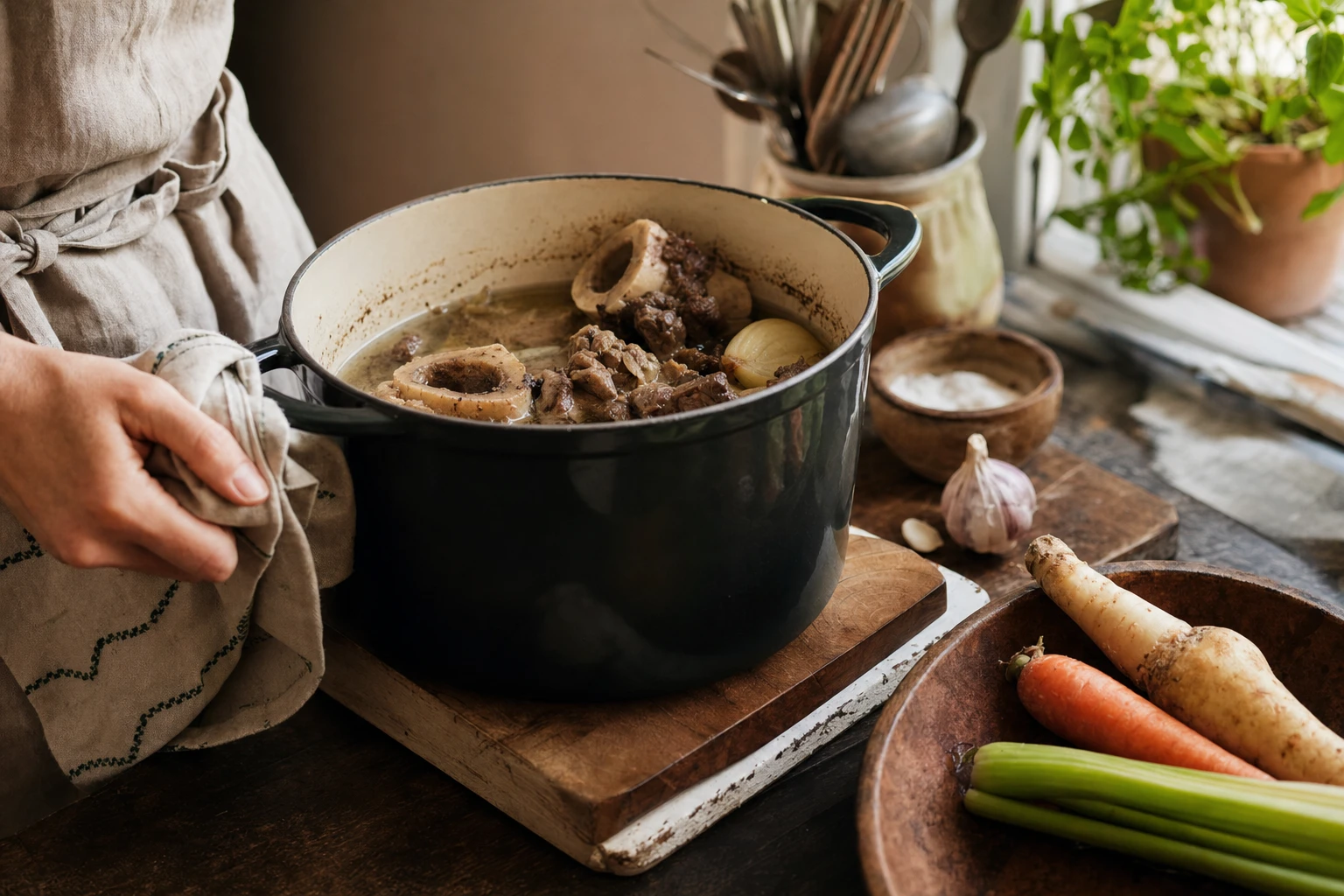 Mug of warm bone broth, or cooking bone broth in a pot
