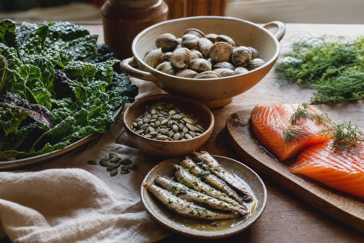 Magnesium-rich foods, leafy greens, shellfish, seeds, fish