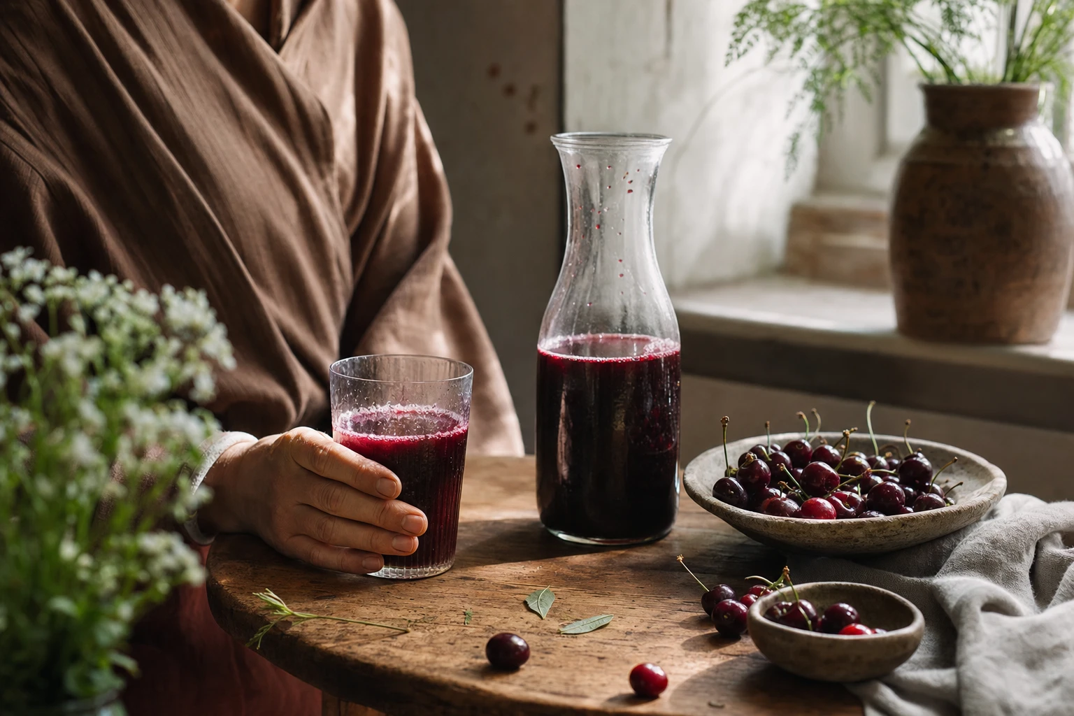 Tart cherry juice in a glass, or fresh tart cherries