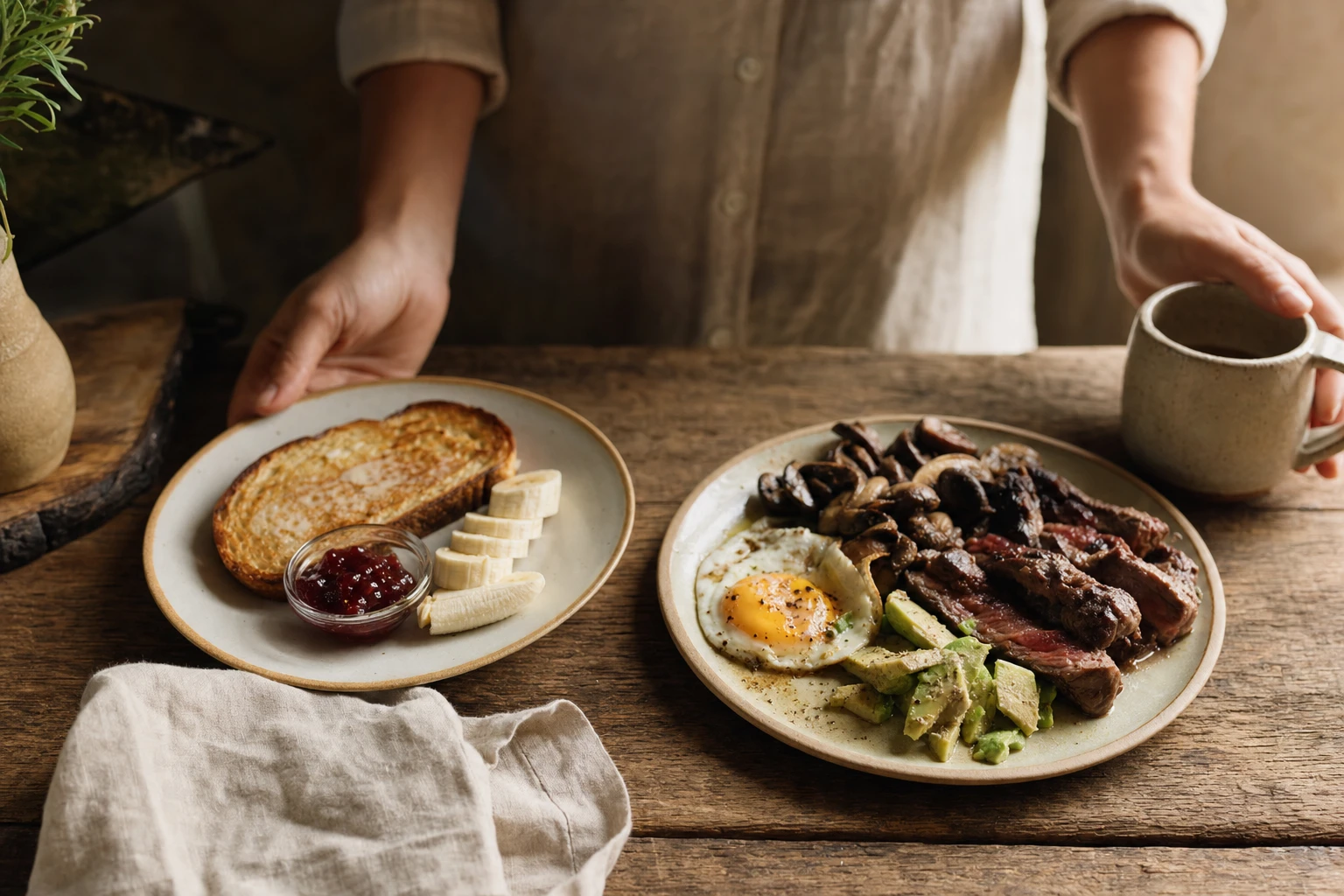 Two breakfast plates, one simple carbs, one protein and fat