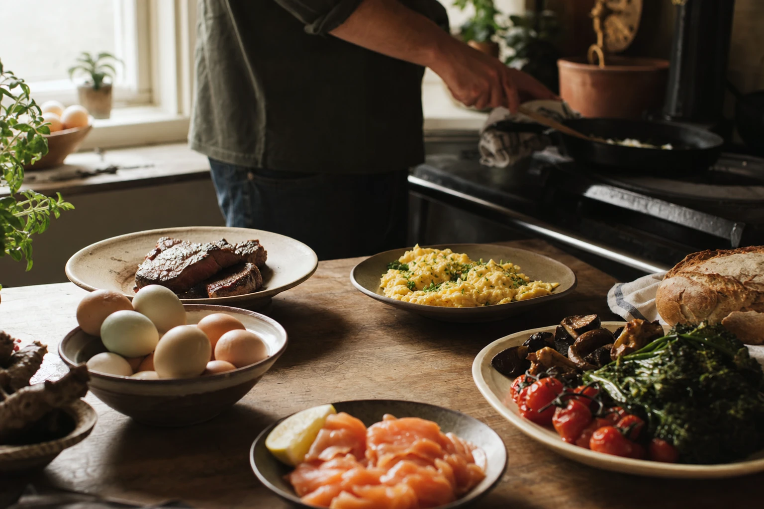 Examples of stabilising breakfasts, eggs, meat, fish, vegetables