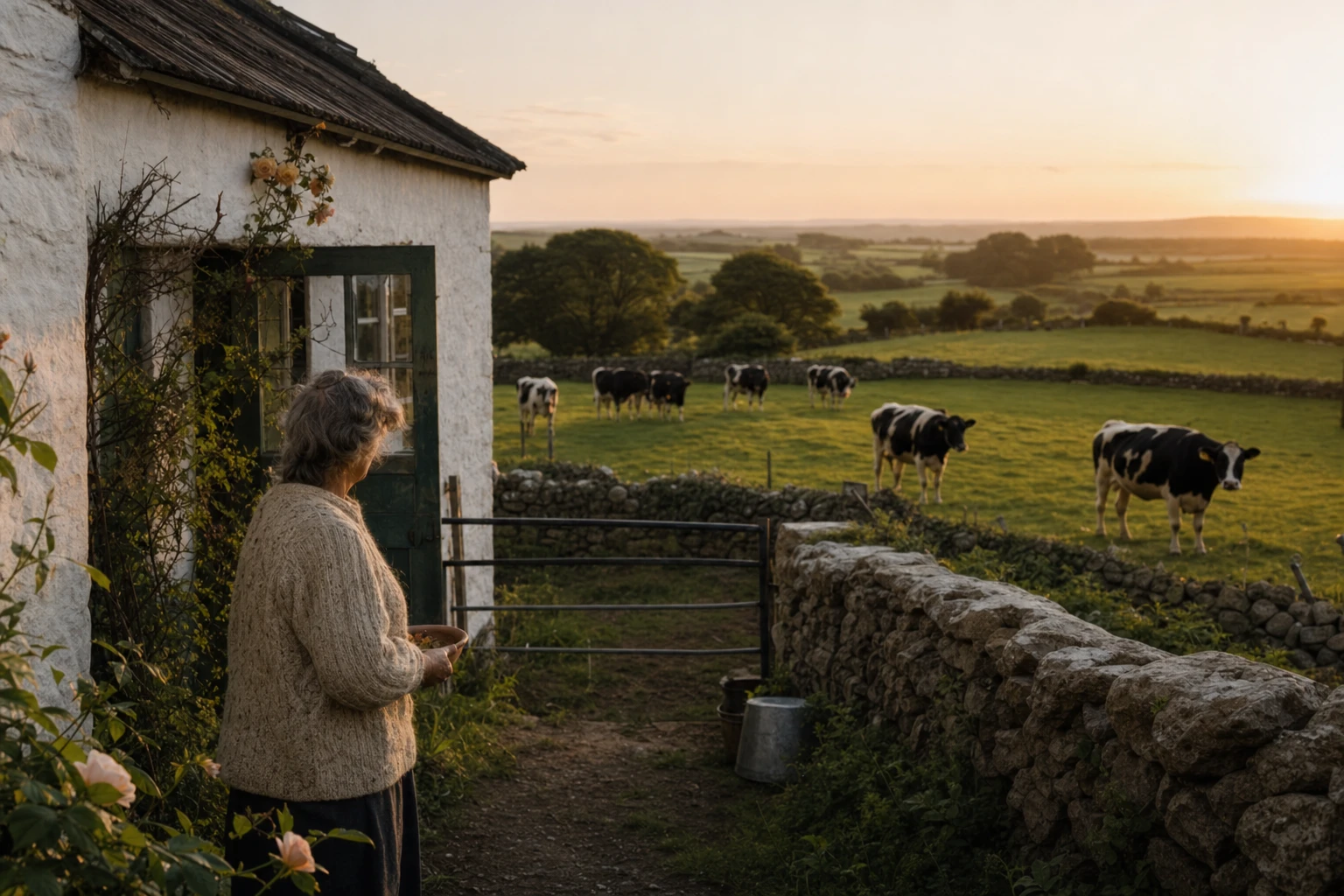 A pastoral Irish farmhouse with green fields, milking cows in the distance, traditional stone walls