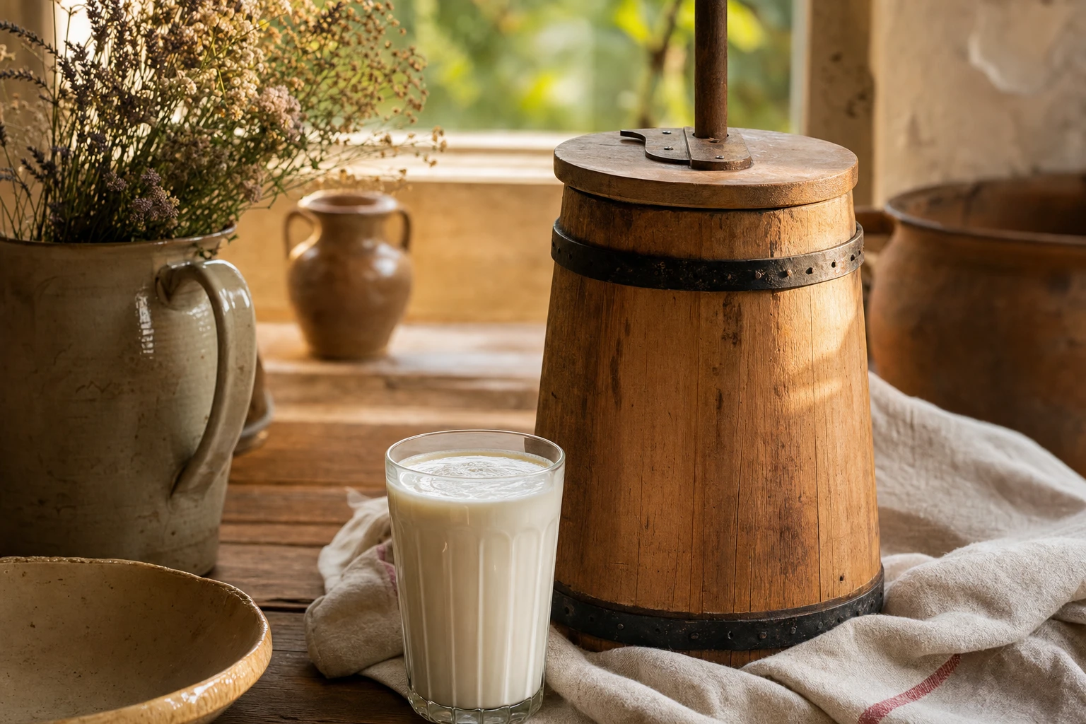 A traditional Irish butter churn and a glass of fresh milk, cream visible on top