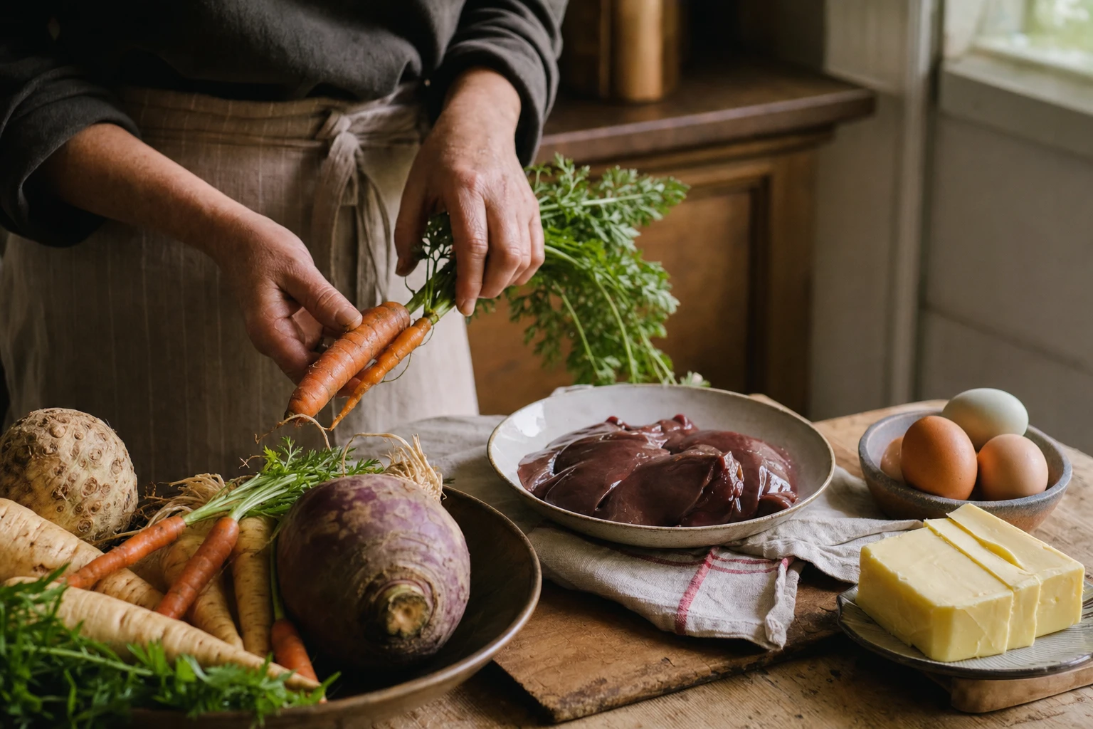 Traditional root vegetables and organ meat arranged with Irish butter and fresh eggs