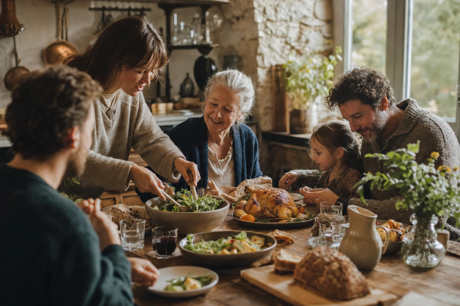 Generations gathered, natural light, simple food