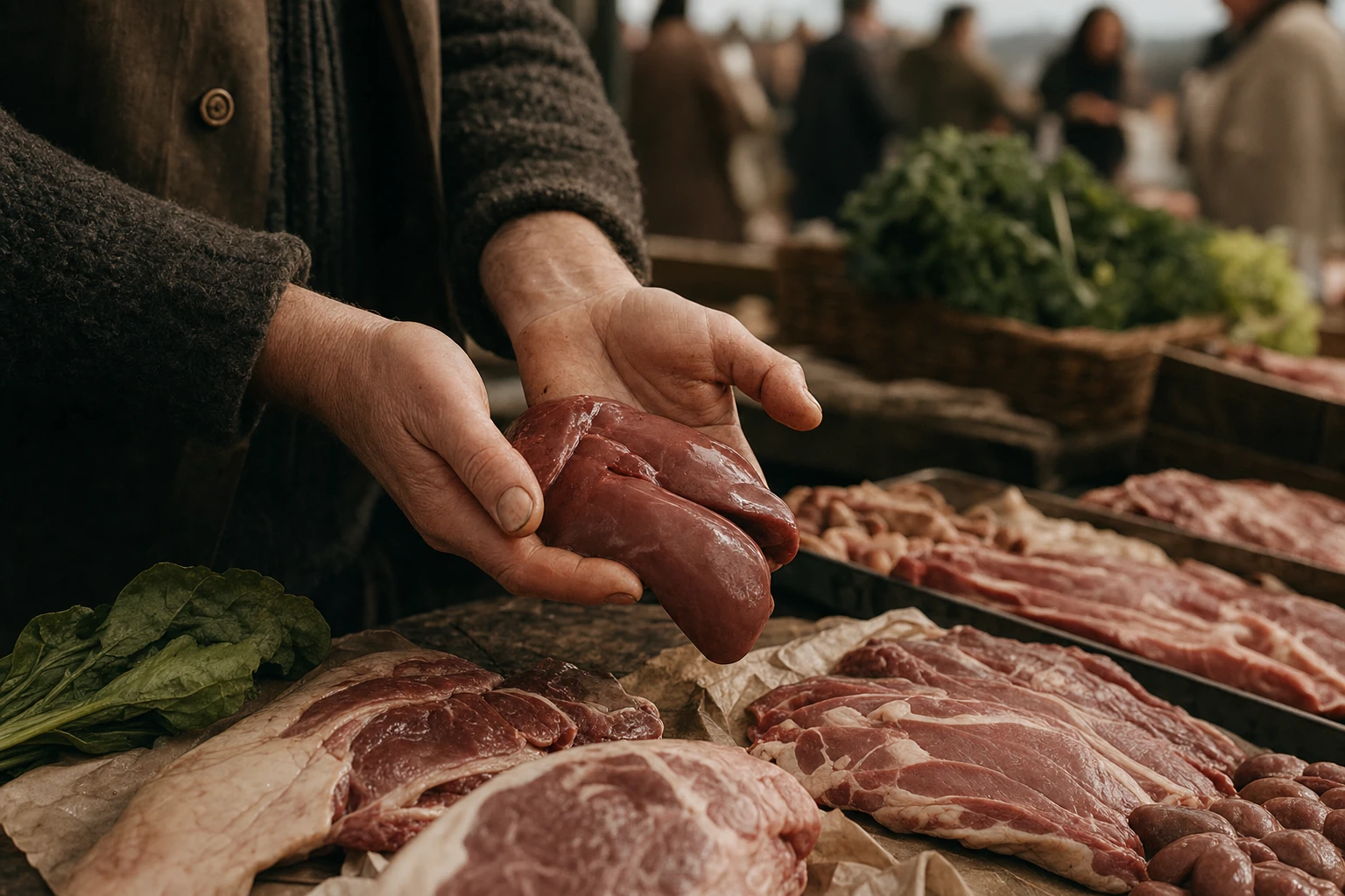 Hands holding fresh organ meat at a farmers market, earthy aesthetic