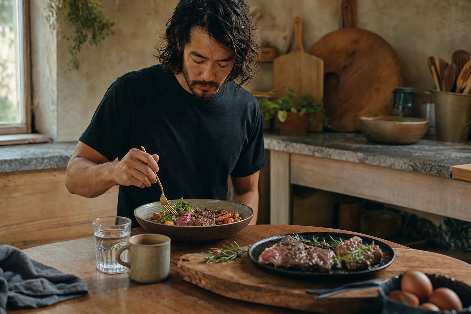 Athlete eating whole food versus pouring protein powder