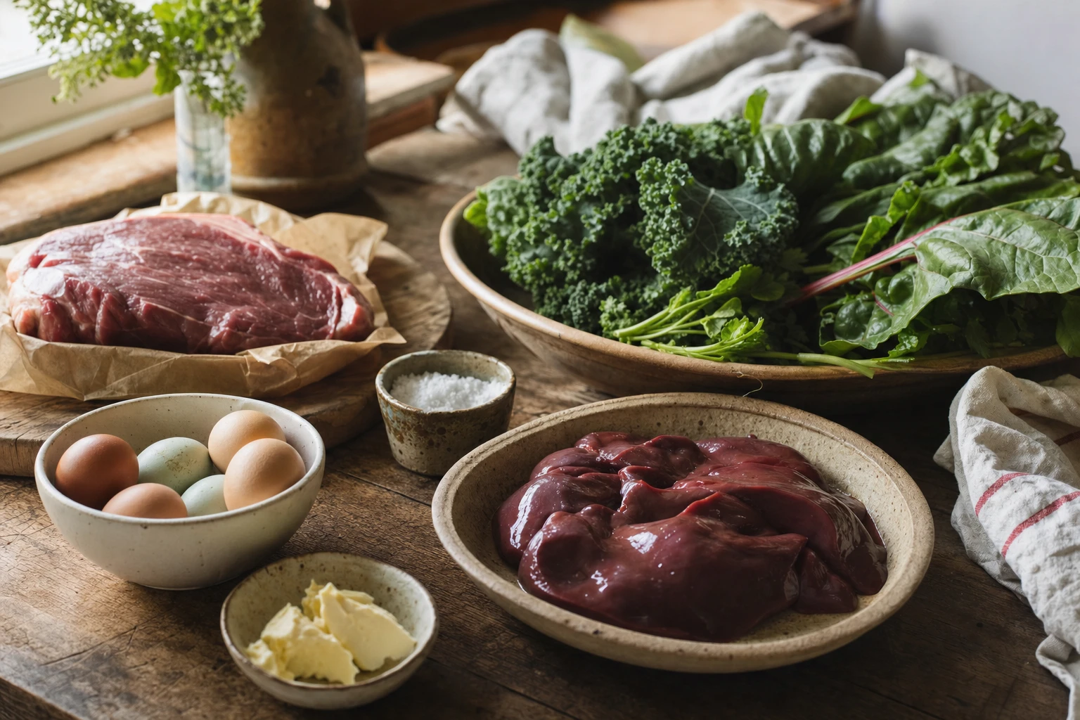Fresh whole foods like liver, eggs, greens arranged artfully compared to supplement bottles