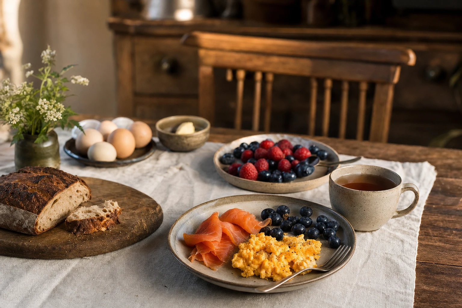 Eggs, salmon, berries, and tea