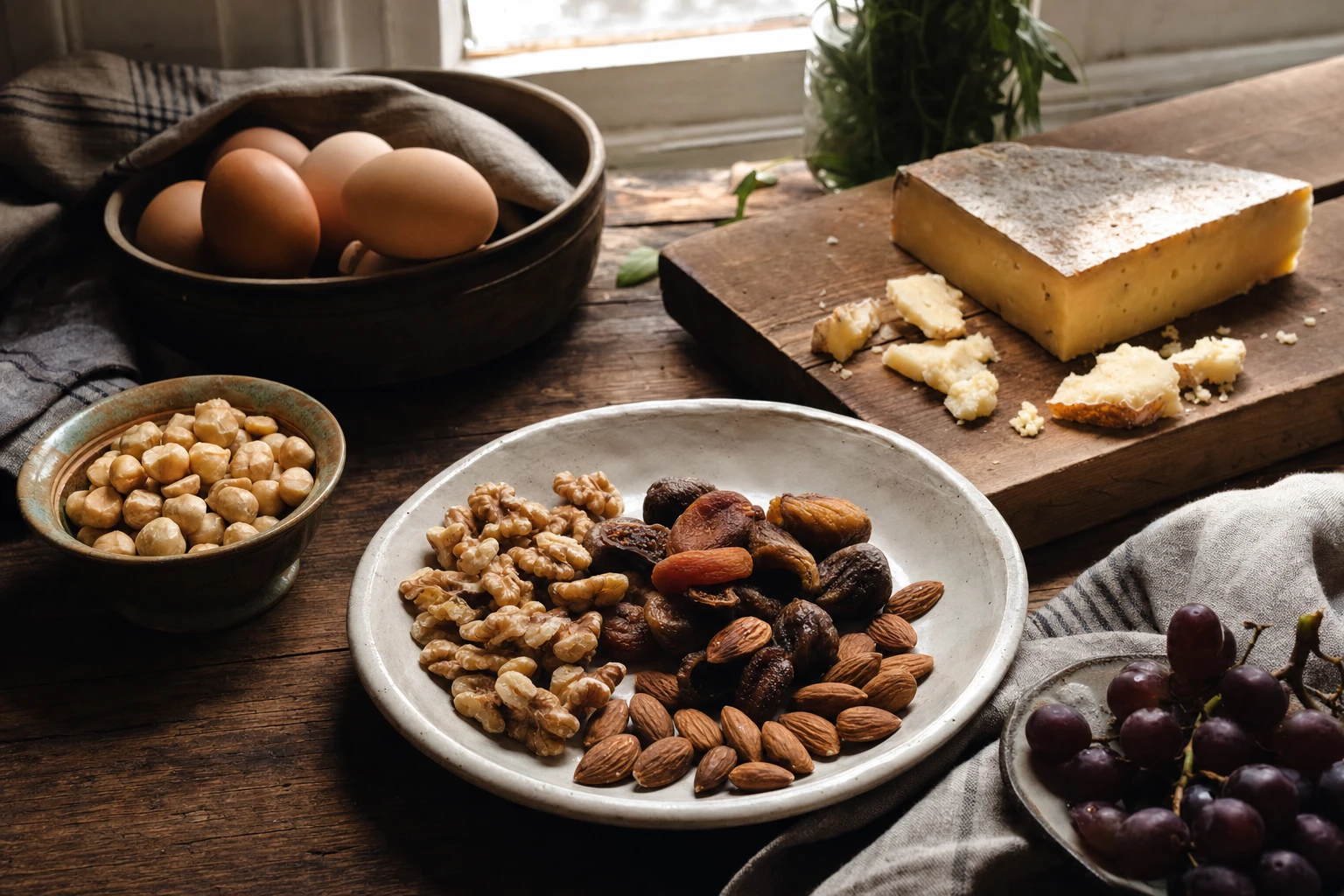 Array of whole food snacks: nuts, dried fruit, cheese, eggs