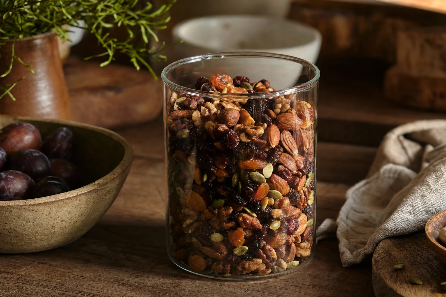 Mixed nuts and dried fruit in a clear container