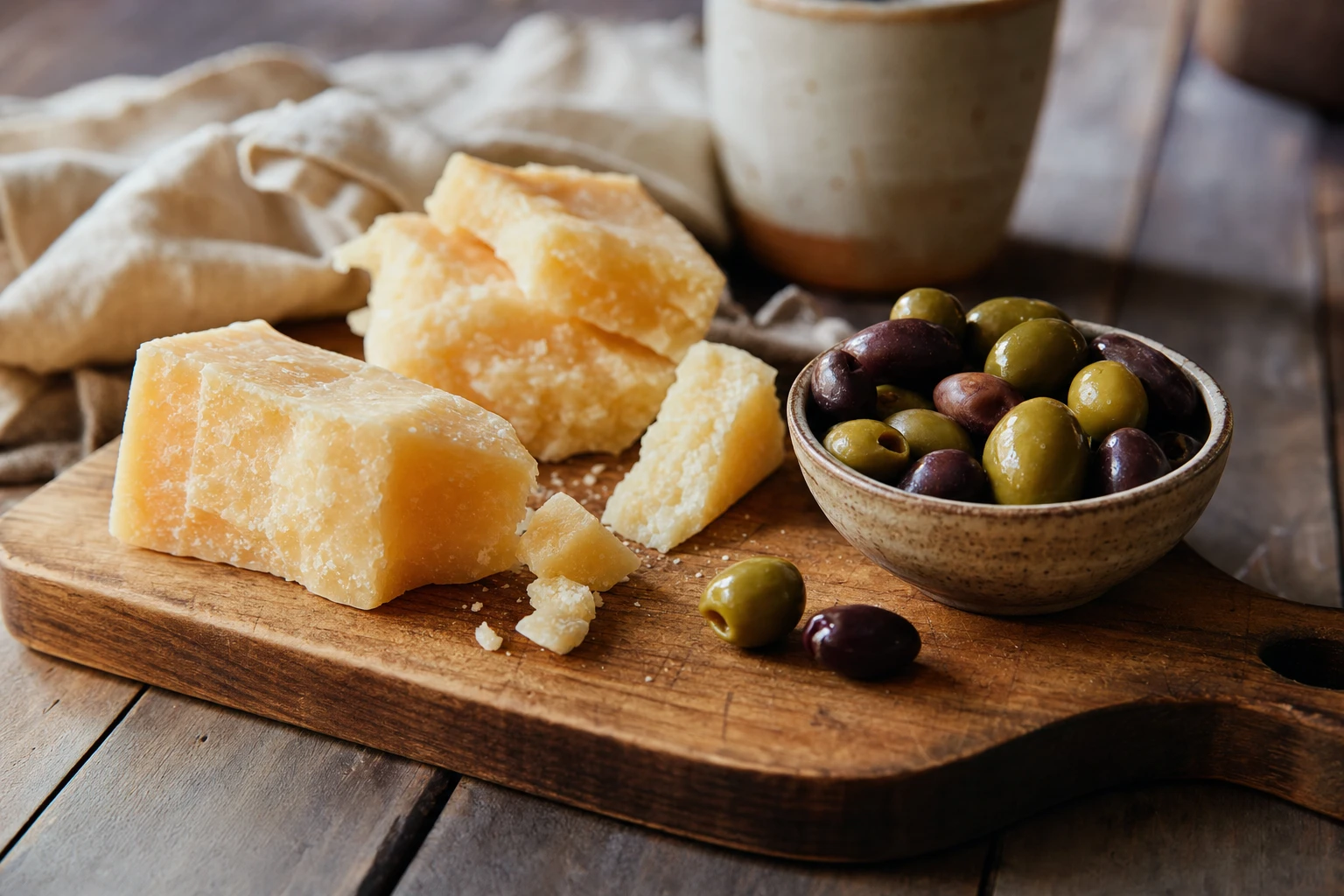 Hard cheese blocks and olives on a wooden board