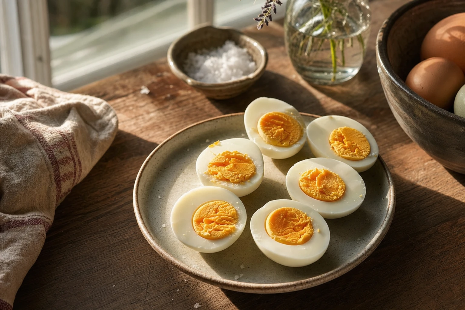 Hard-boiled eggs halved to show yolk