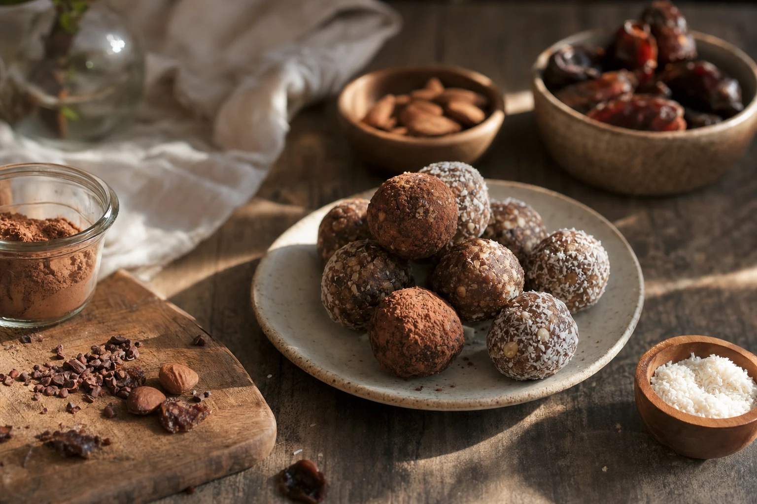 Homemade energy balls on a plate with ingredients