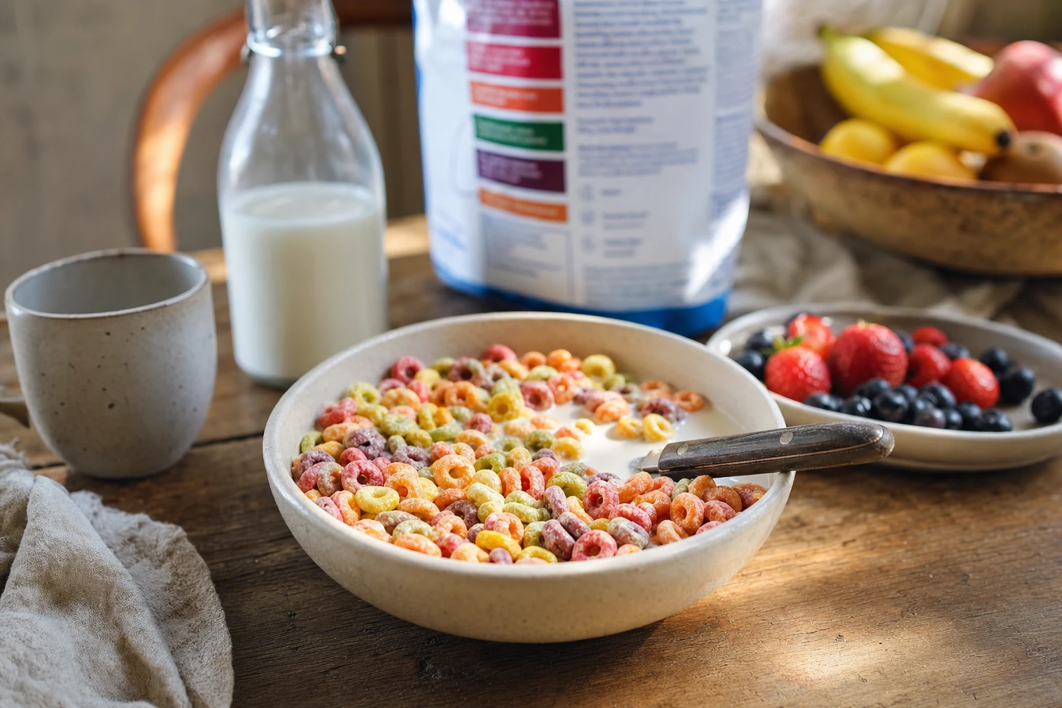 A bowl of colourful cereal with milk, showing fortification list on the package behind it