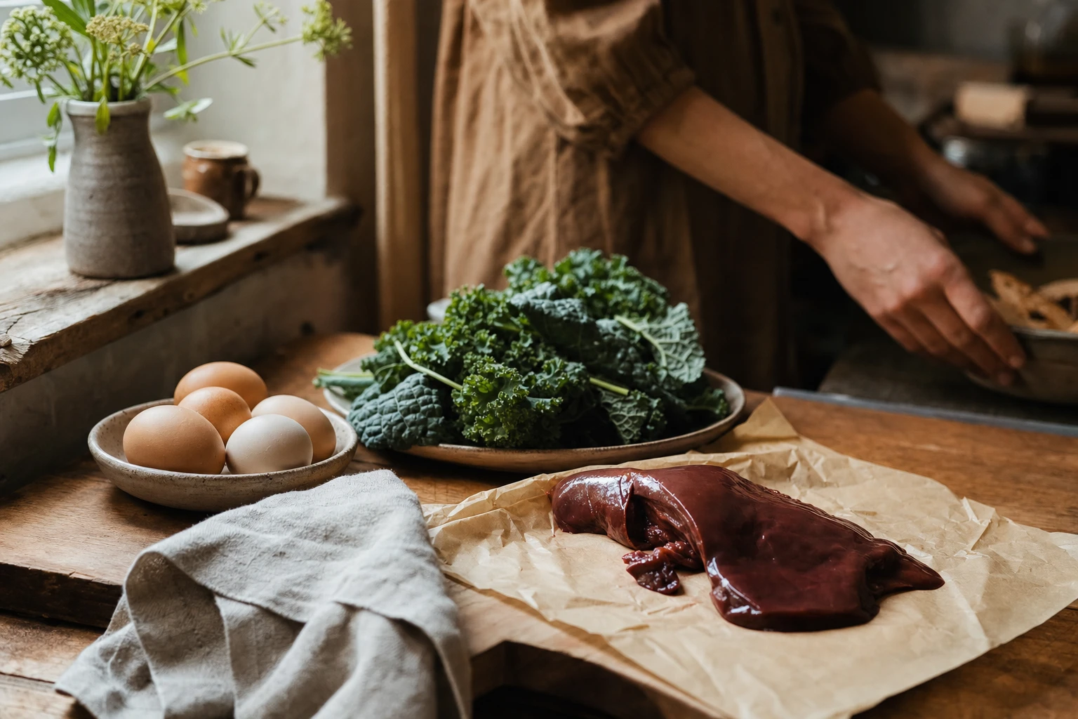 Prenatal vitamin bottle next to egg, liver, and leafy greens