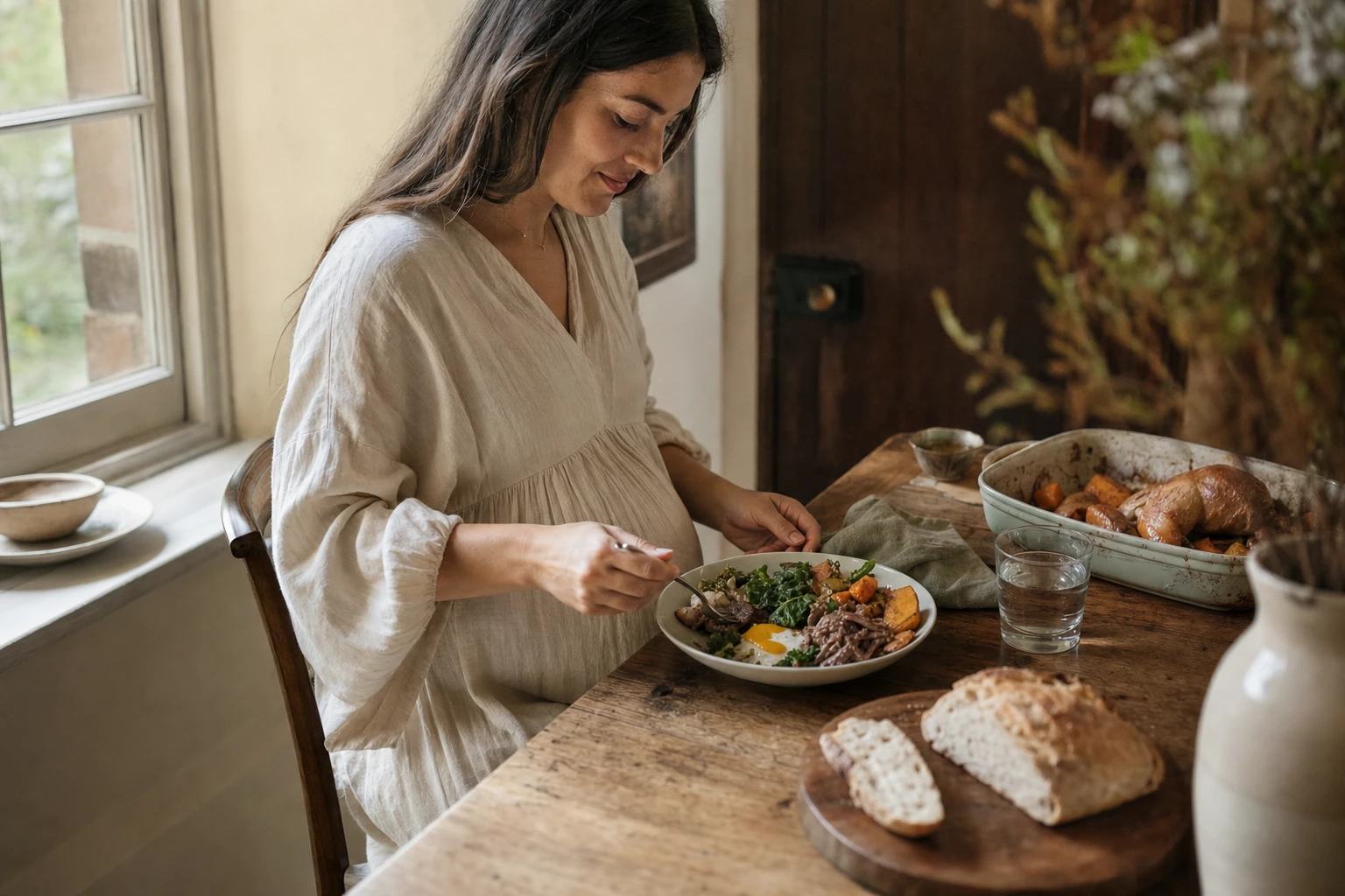 Pregnant woman eating nutrient-dense meal
