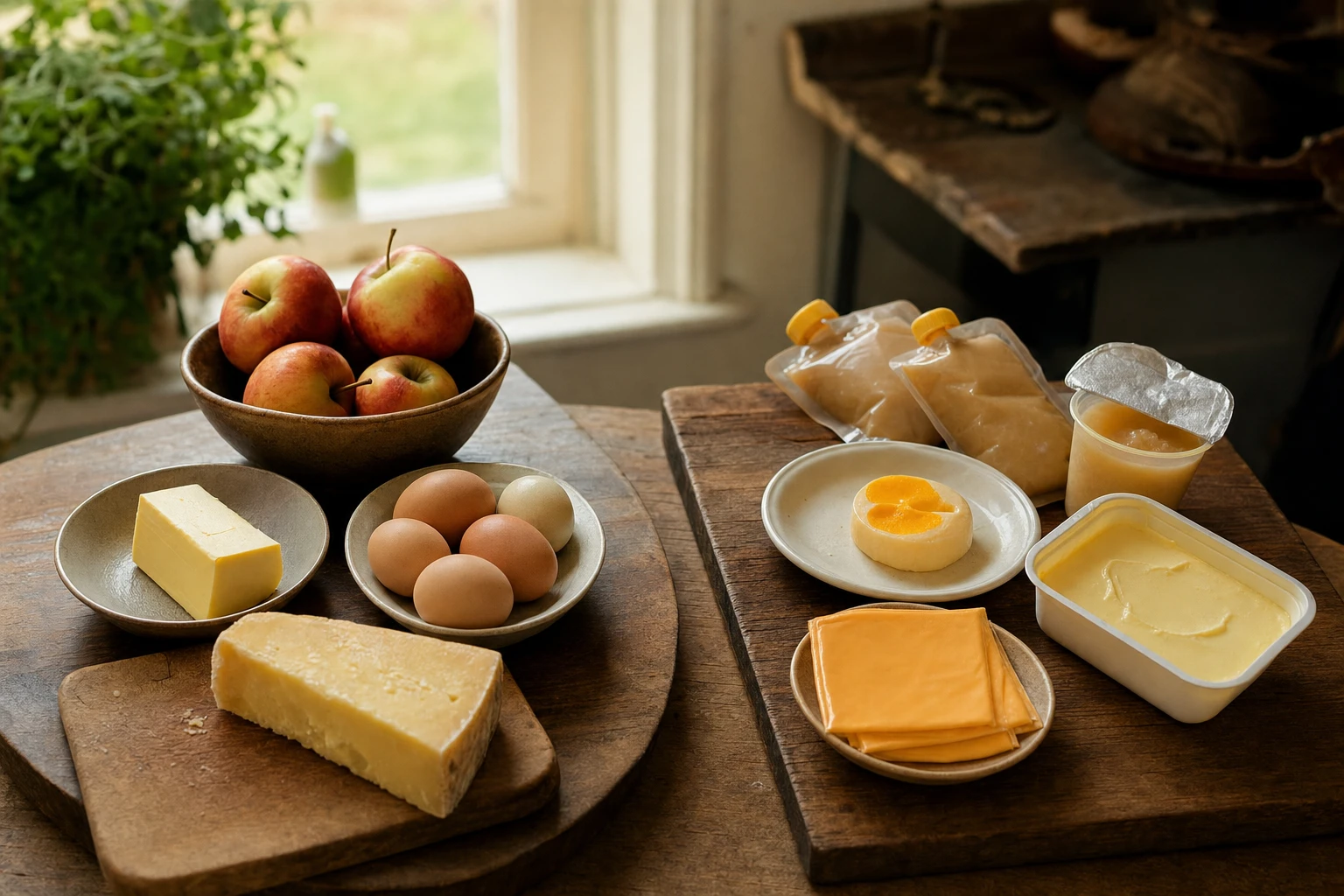 Side-by-side comparison of whole foods (apples, eggs, butter, cheese) next to their processed versions (apple sauce packets,…