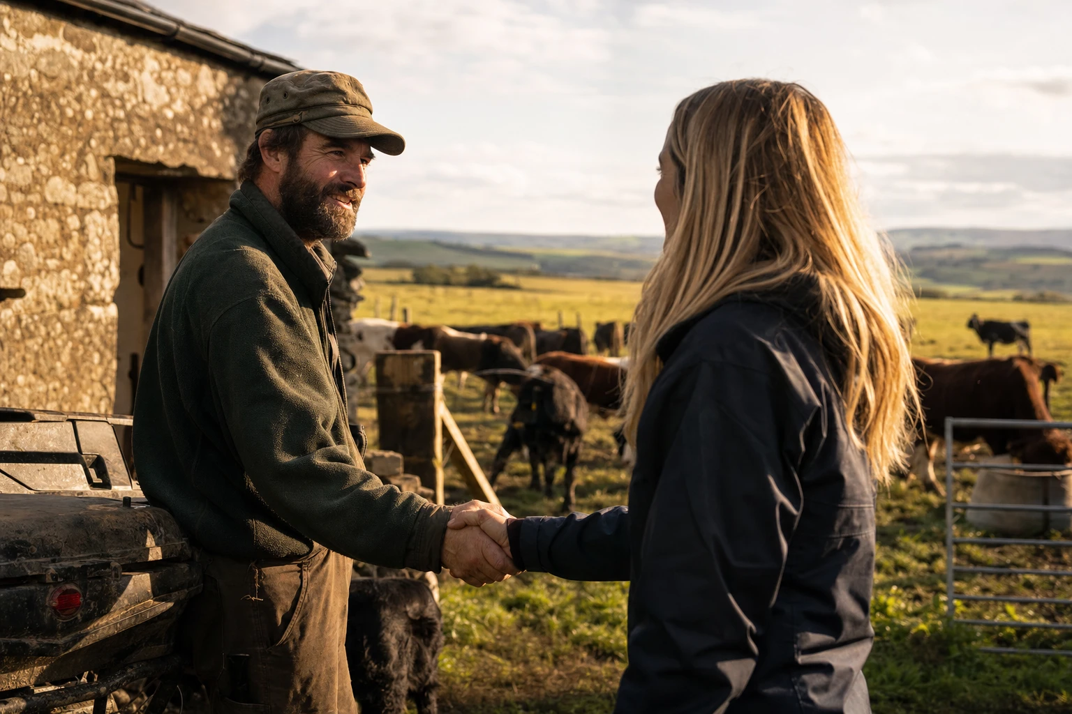 A handshake between farmer and someone from Organised, or a farm visit scene