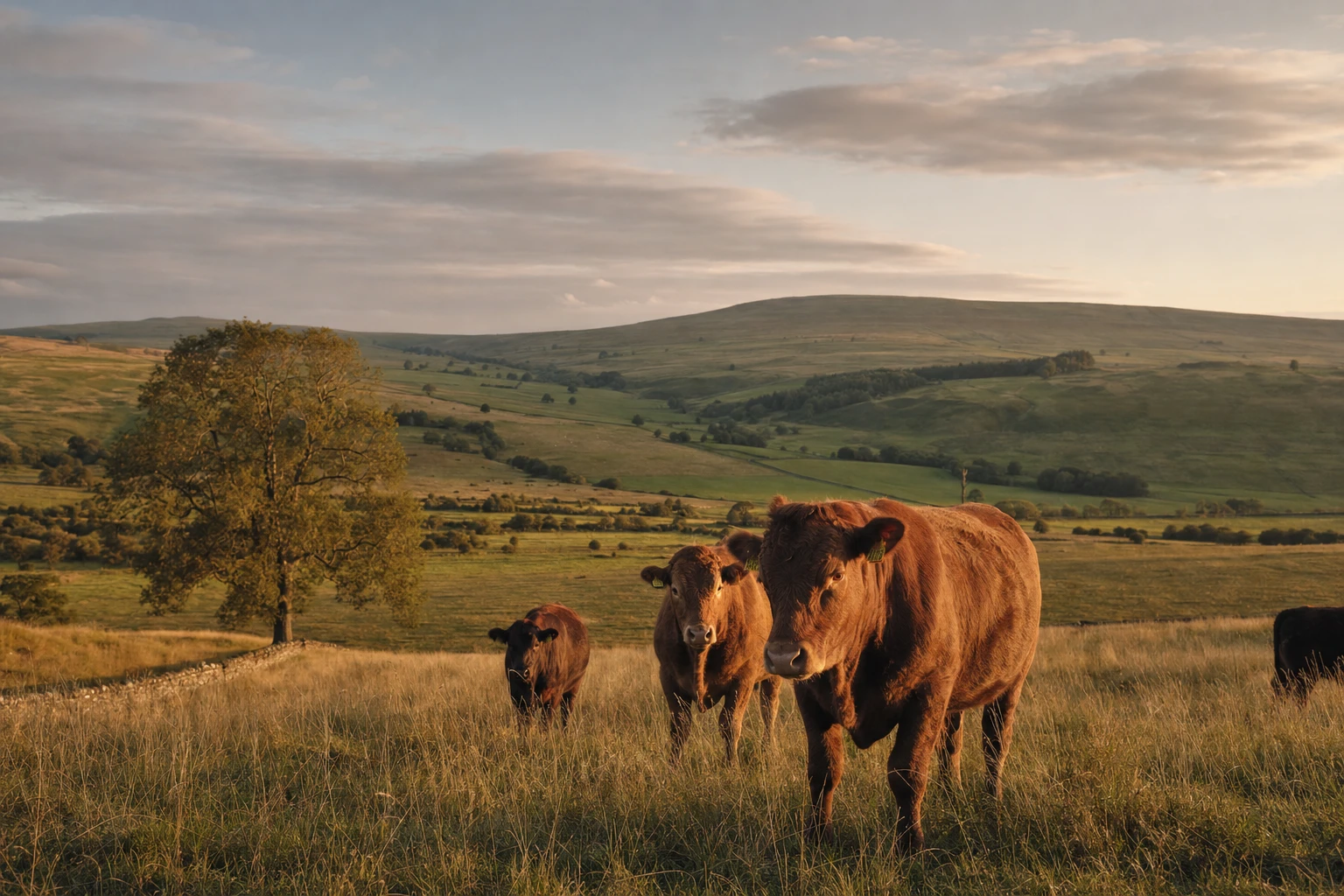 A farm landscape in a UK region (West Country, Scottish Highlands, Pennines)