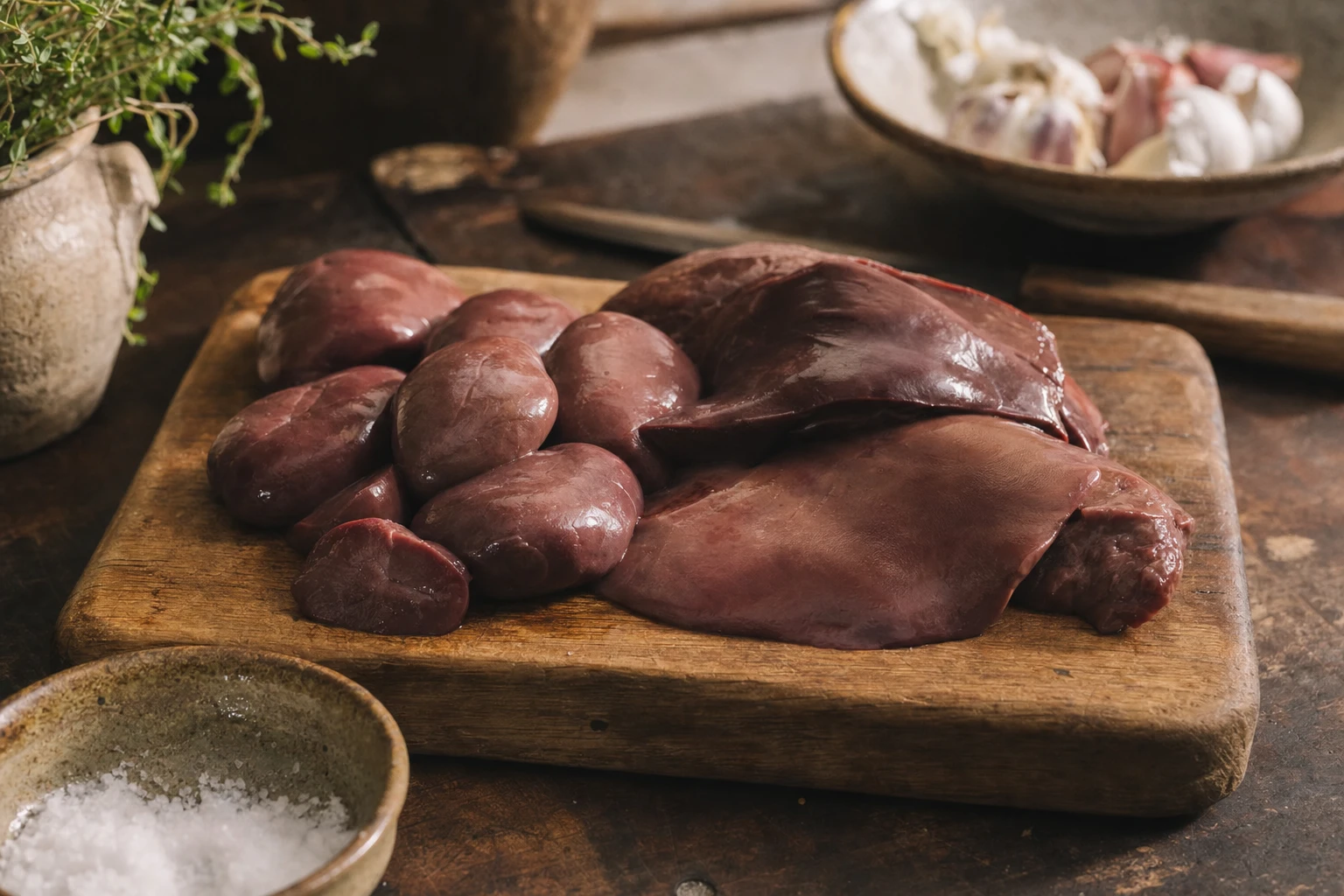 Organs (kidney, liver) on a cutting board, rich colour