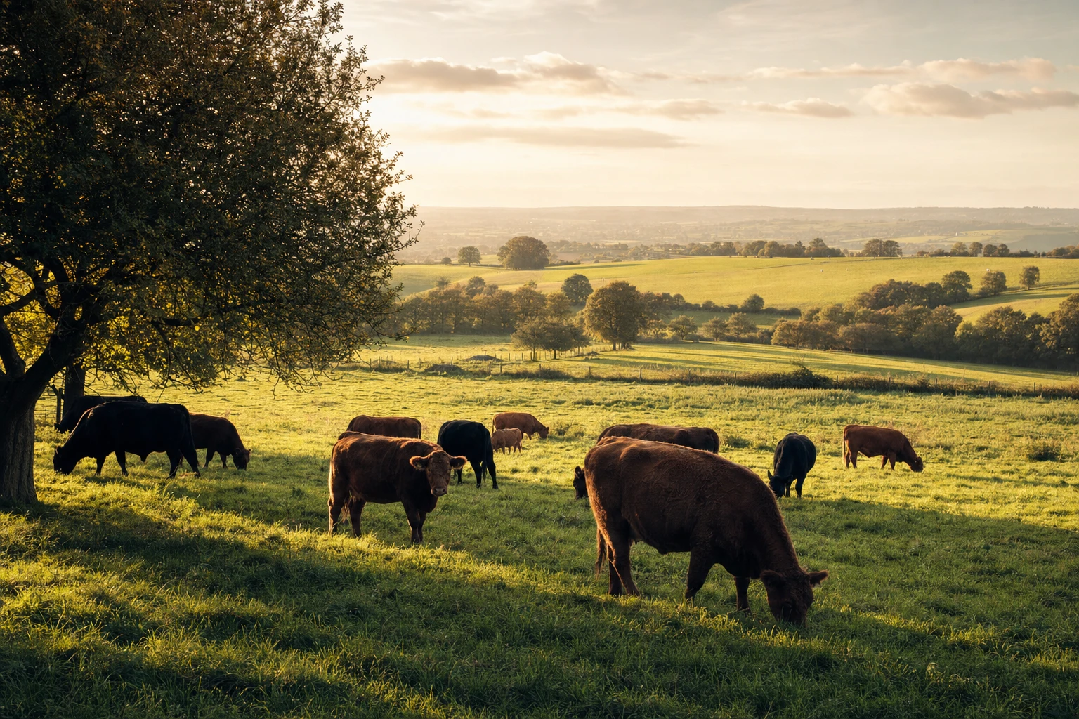 UK farmland landscape with pastured cattle