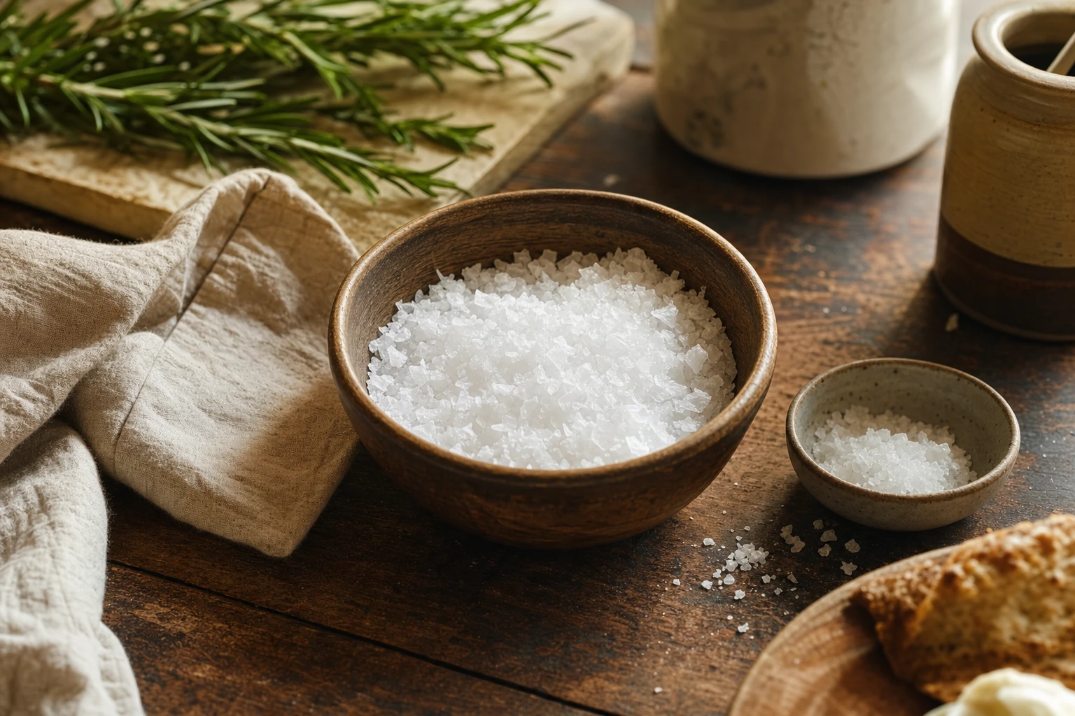 Sea salt crystals in a wooden bowl
