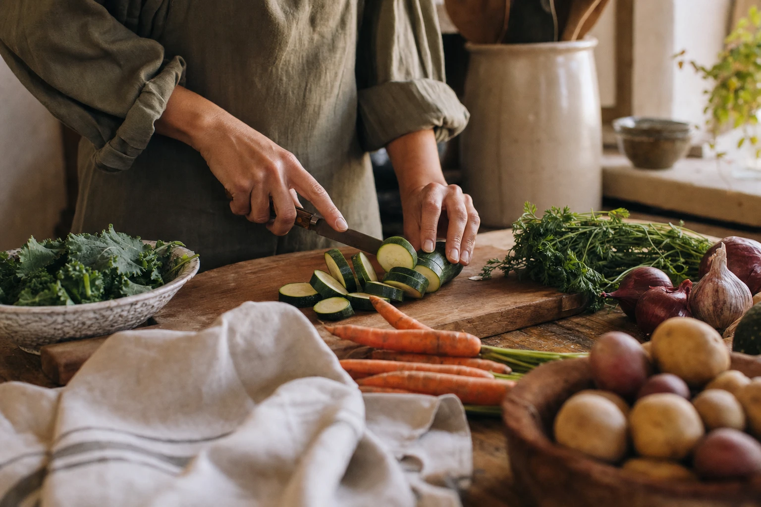 Vegetables and whole foods on a cutting board
