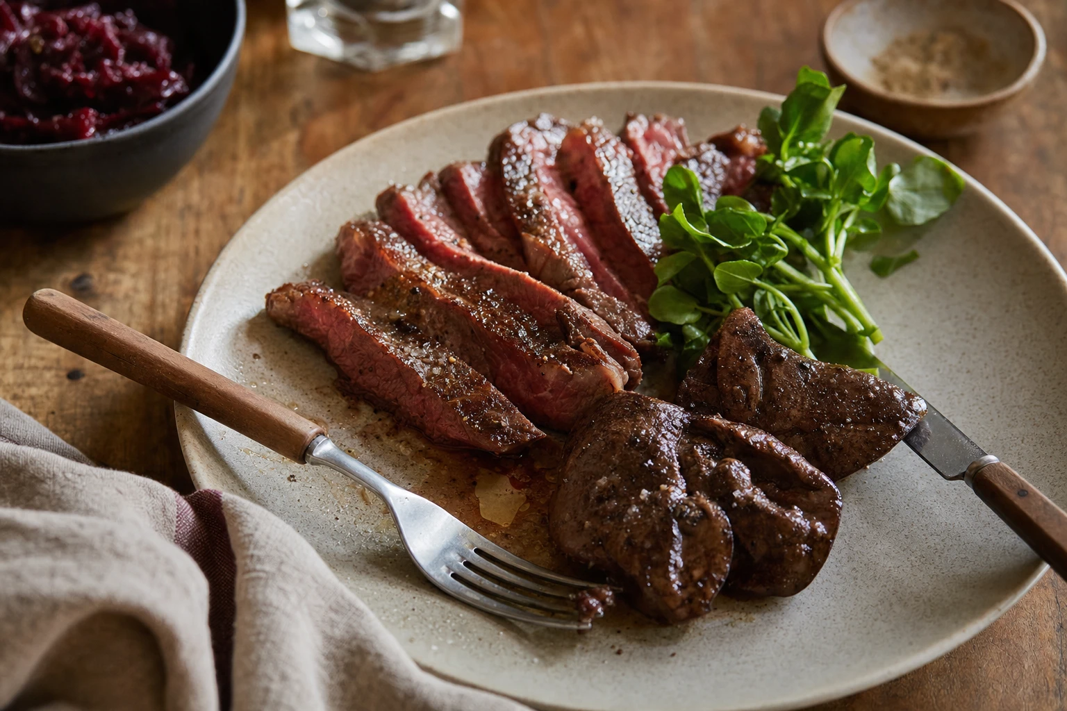 Steak and liver on a plate, emphasising heme iron sources