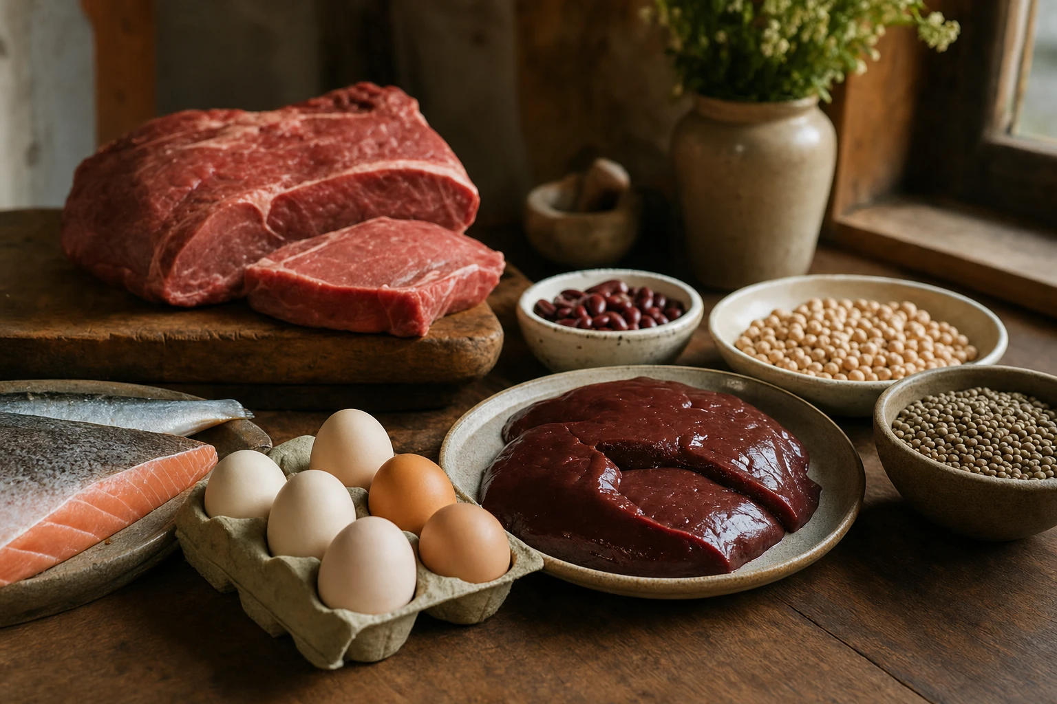 Variety of iron-rich foods: liver, red meat, fish, eggs, legumes