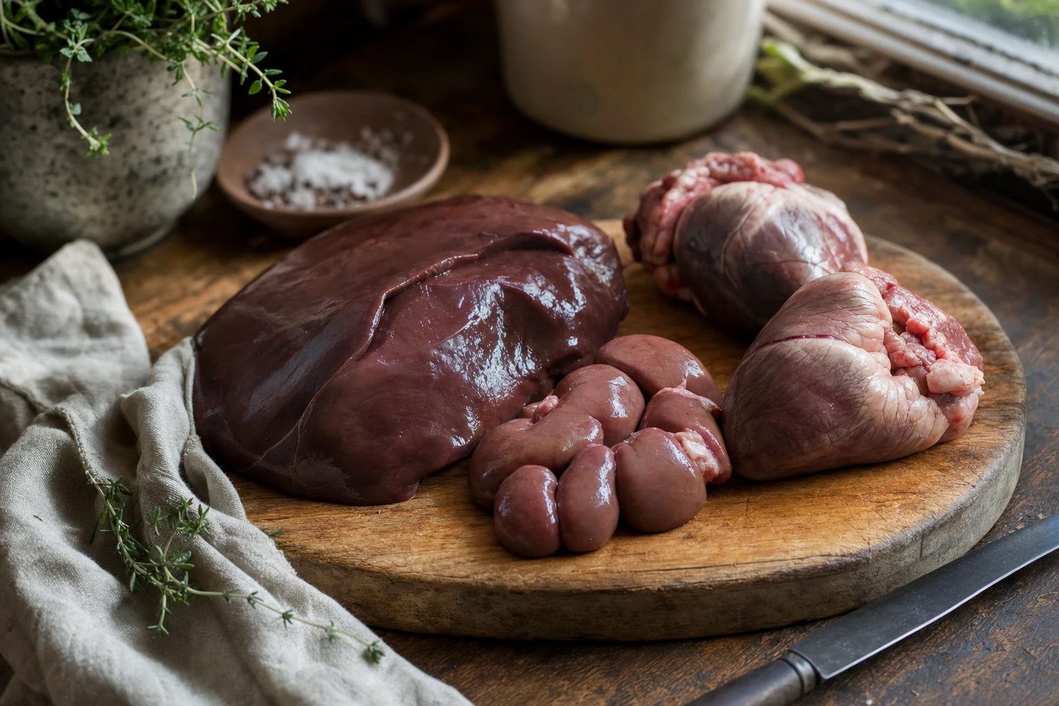 Various organ meats displayed: liver, kidney, heart