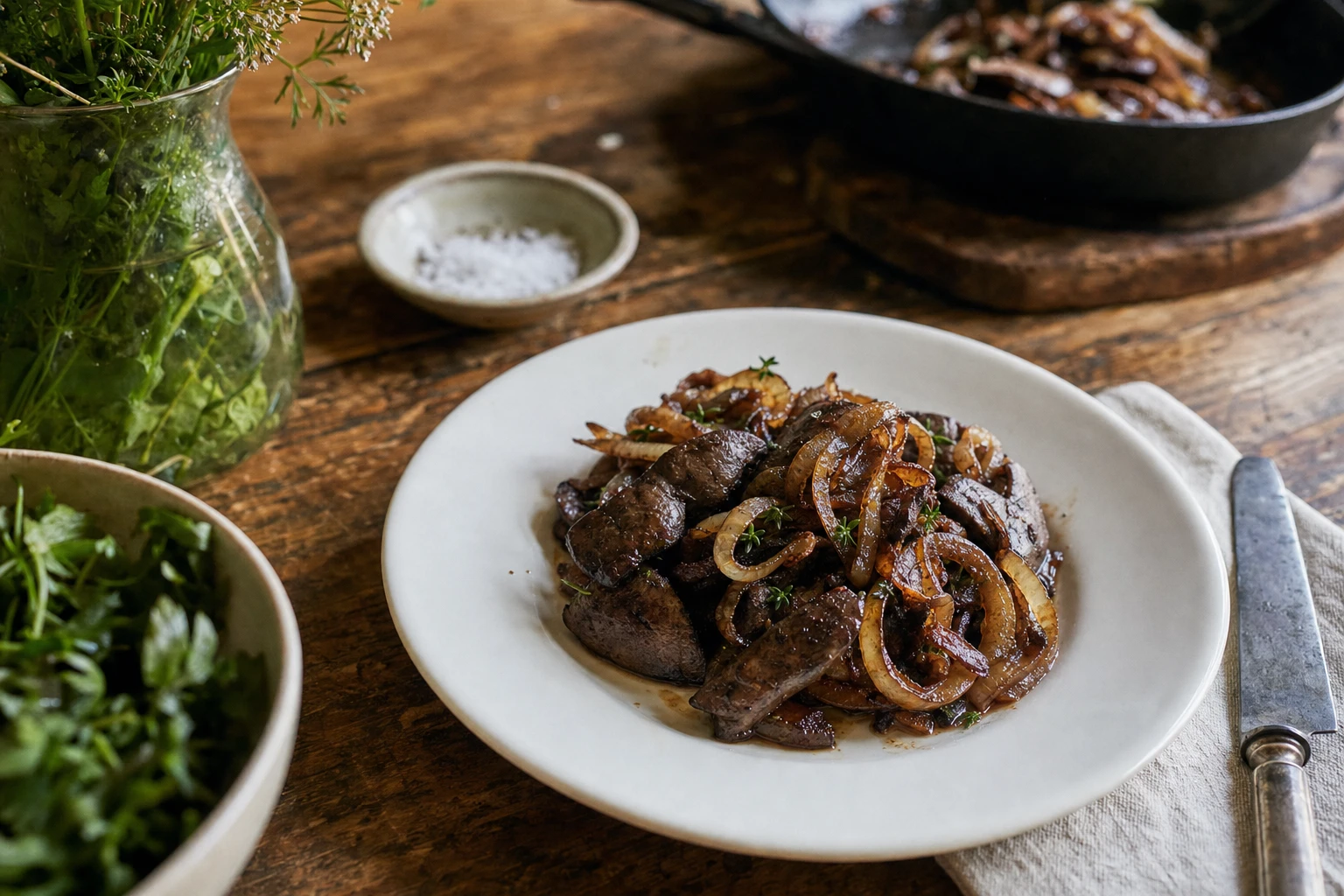 A simple liver and onion dish served on a white plate