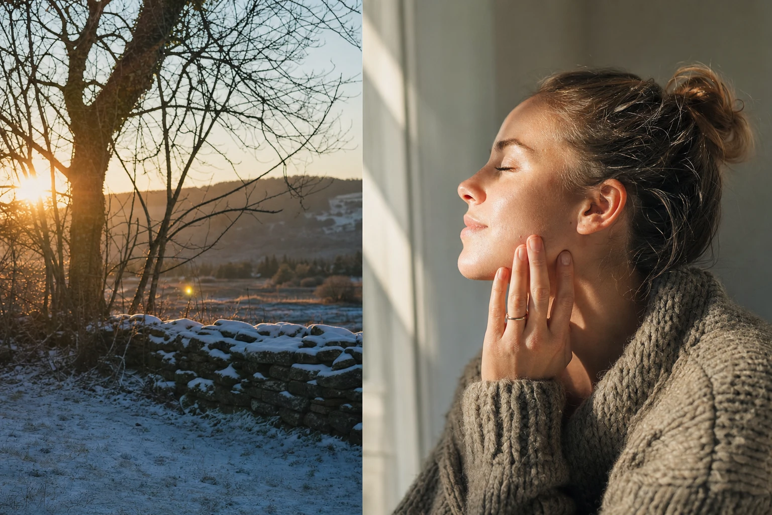 Winter landscape with low sun, and separate image of healthy glowing skin