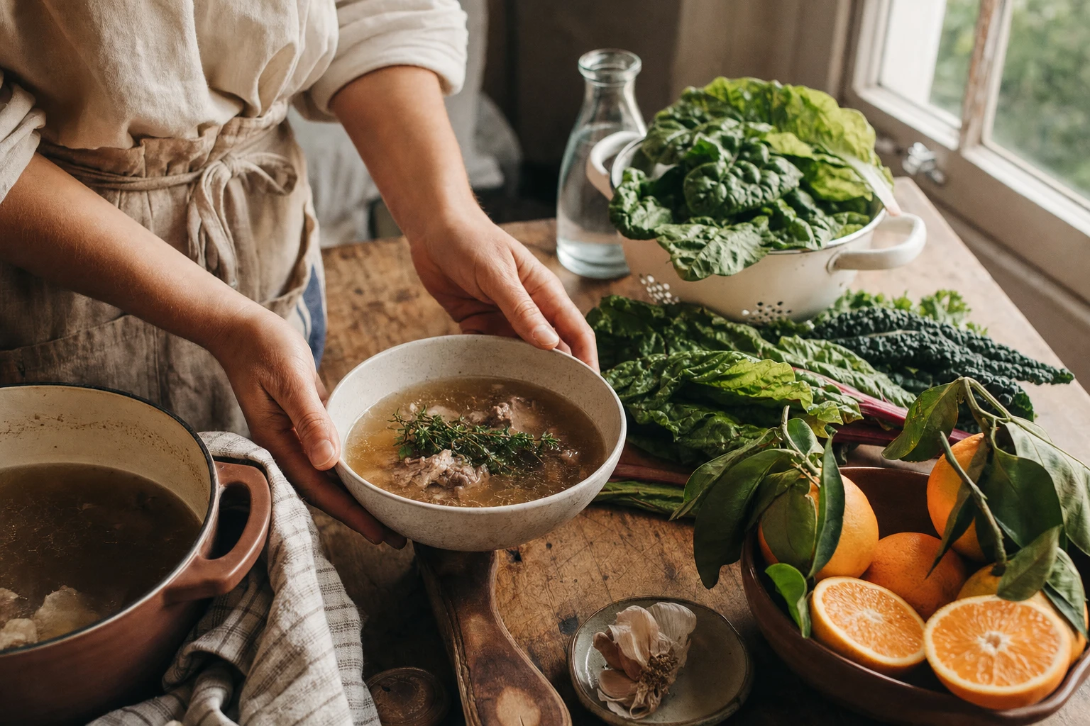 Ingredients for collagen support, bone broth, citrus, leafy greens