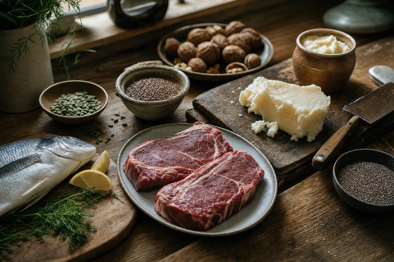 Sources of omega-3 and healthy fats, fish, grass-fed meat, tallow, seeds