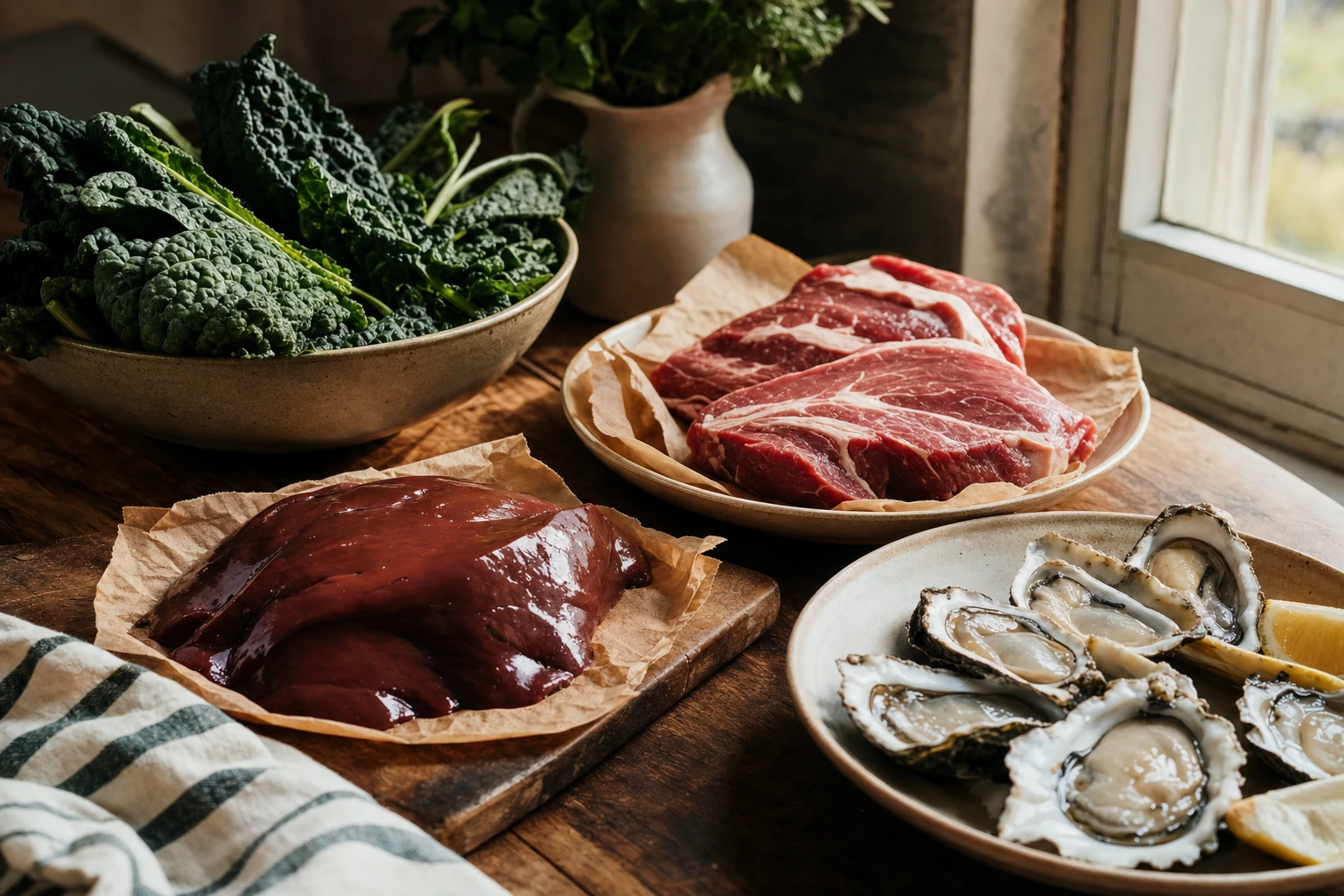 Energy-supporting foods, liver, red meat, oysters, dark leafy greens