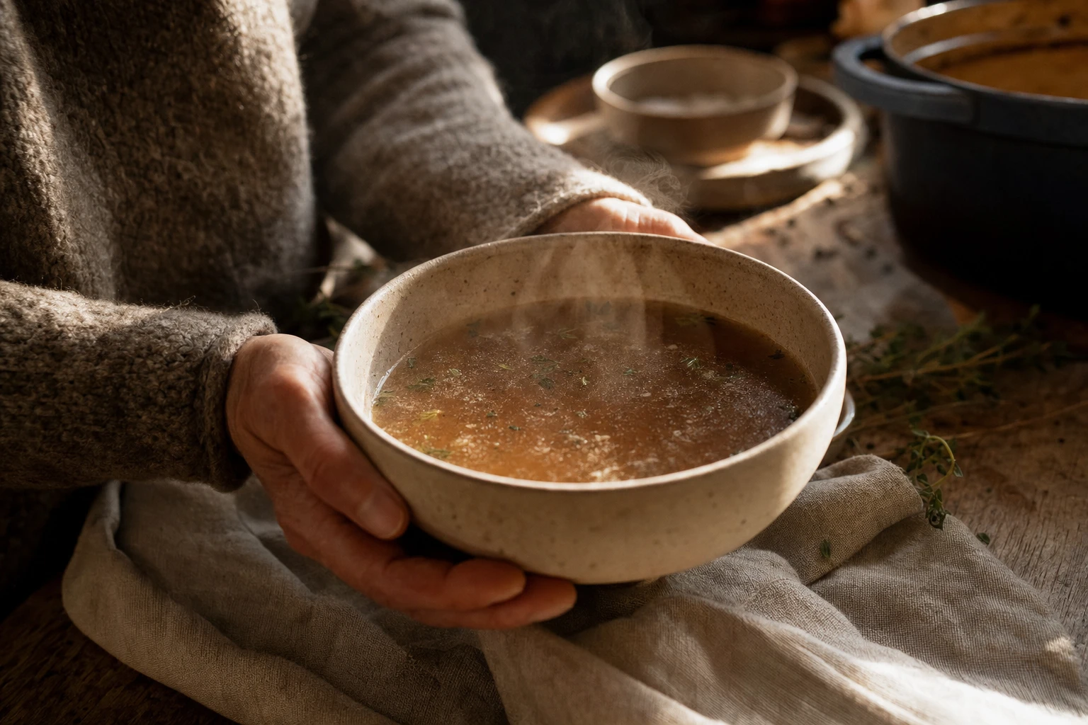A rich, warming bone broth in a ceramic bowl, steam rising