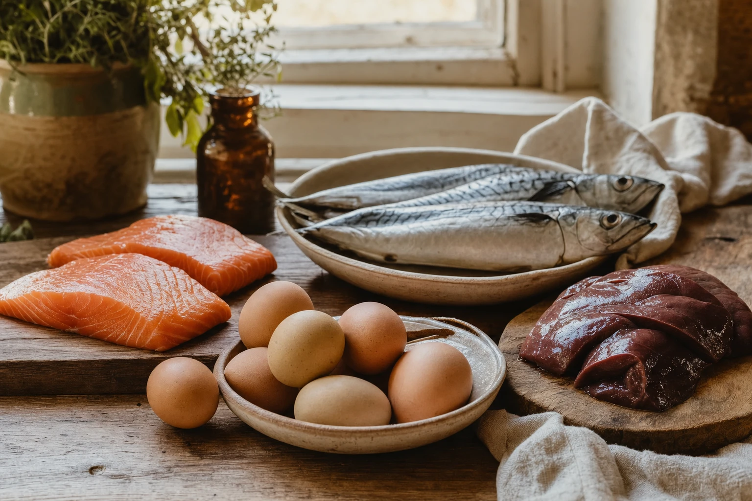 A selection of whole foods rich in vitamin D: wild salmon, mackerel, pastured eggs, liver on a wooden board