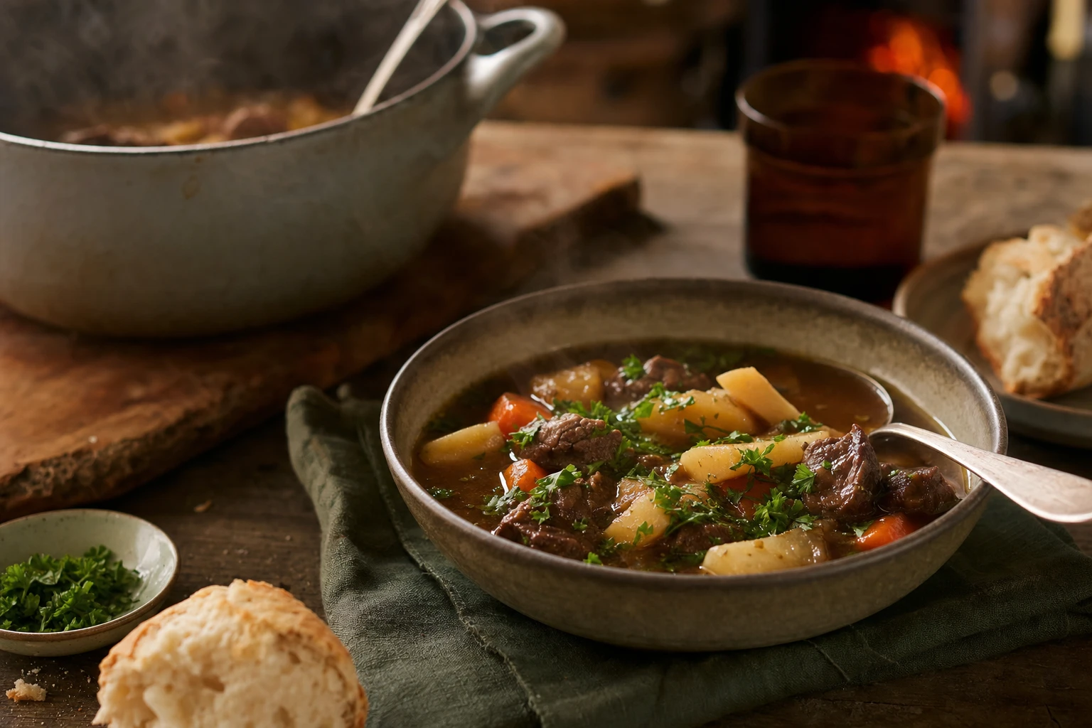 A warming bowl of beef stew with root vegetables and bone broth, garnished with fresh parsley