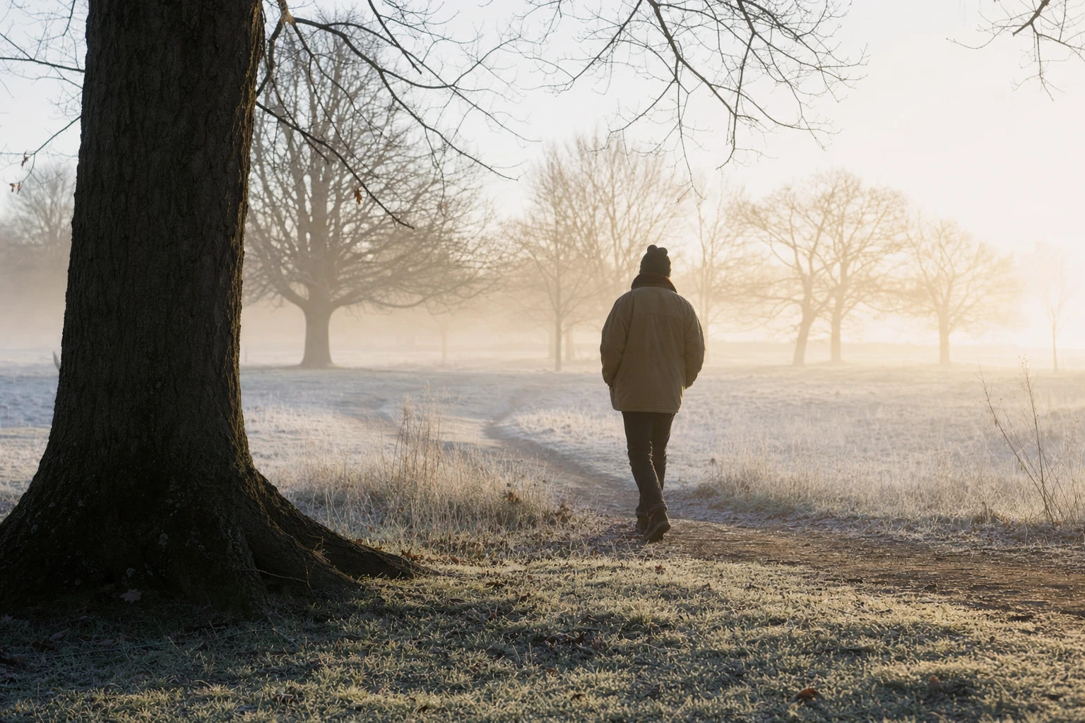 A figure walking through a frost-covered park at early morning light, mist visible