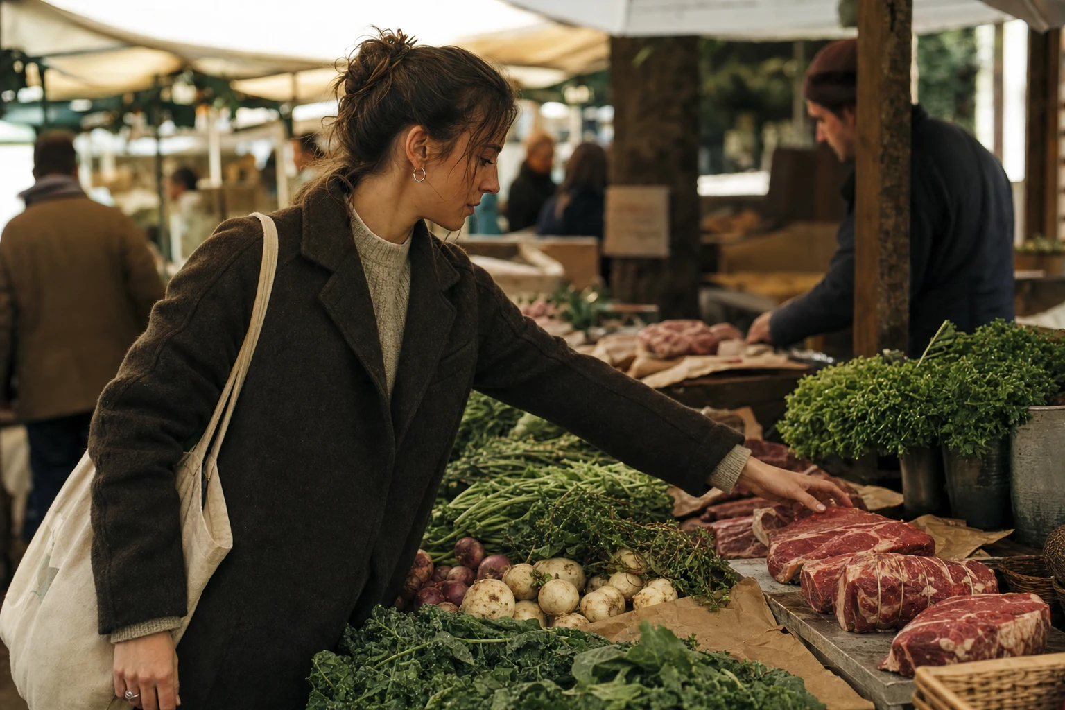 Woman at a farmers market selecting fresh produce and red meat