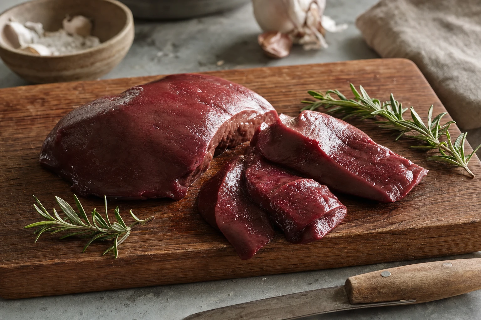 Beef liver on a cutting board with rosemary